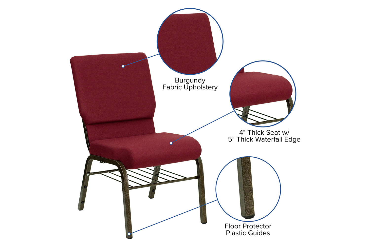 BLNK™ HERCULES Series Fabric Church Chair with Book Rack and Gold Vein Frame - Burgundy