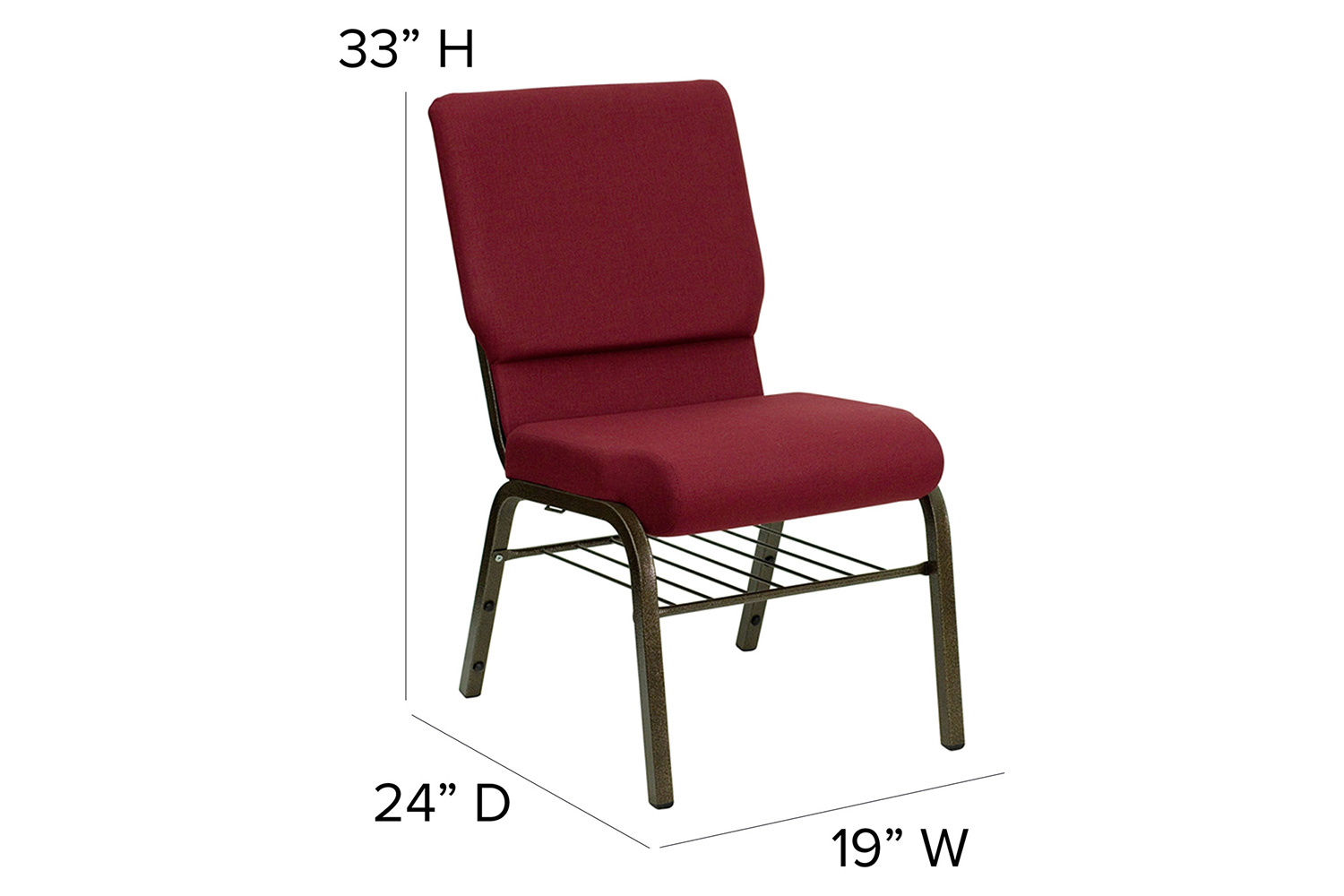 BLNK™ HERCULES Series Fabric Church Chair with Book Rack and Gold Vein Frame - Burgundy