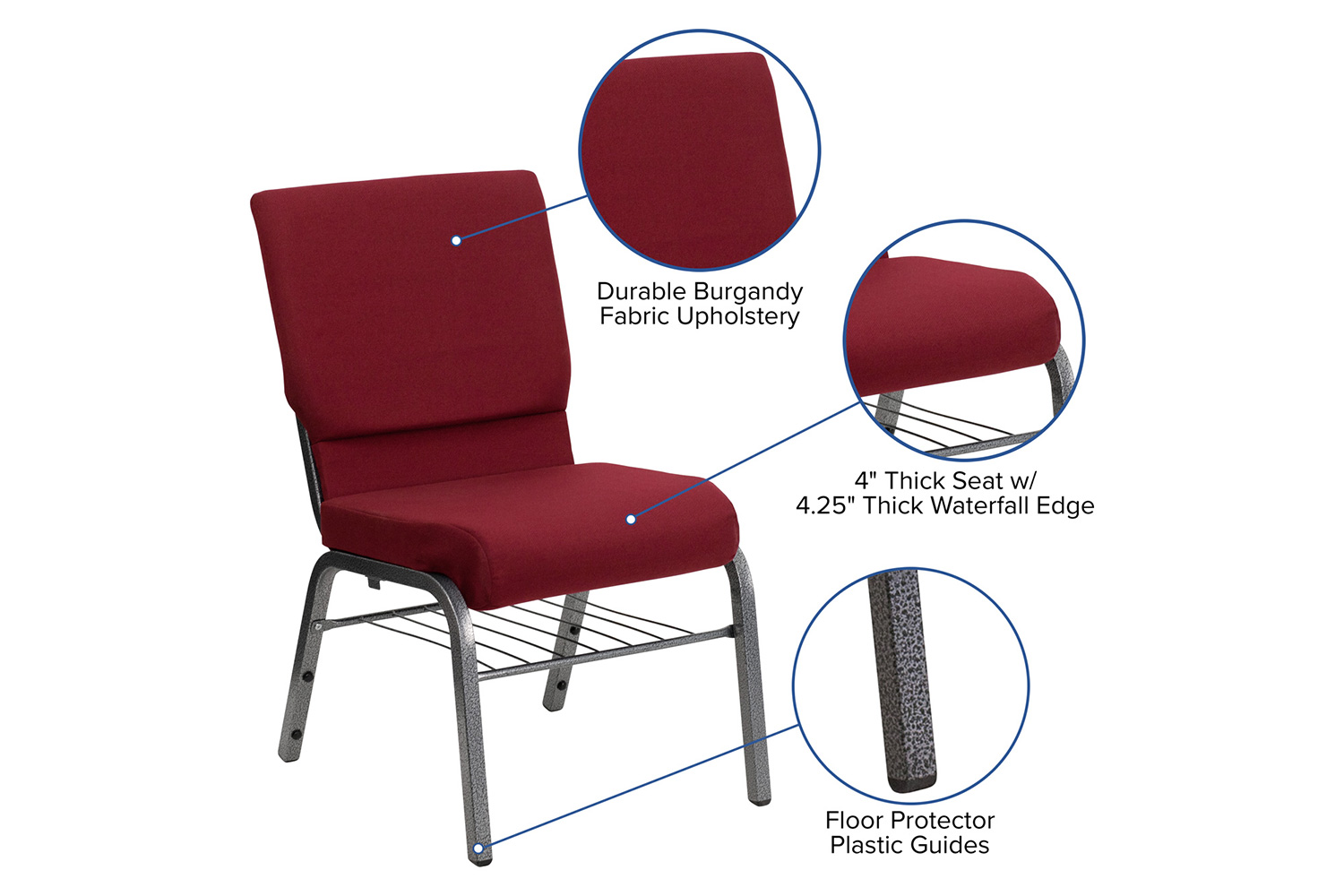 BLNK™ HERCULES Series Fabric Church Chair with Book Rack and Silver Vein Frame - Burgundy