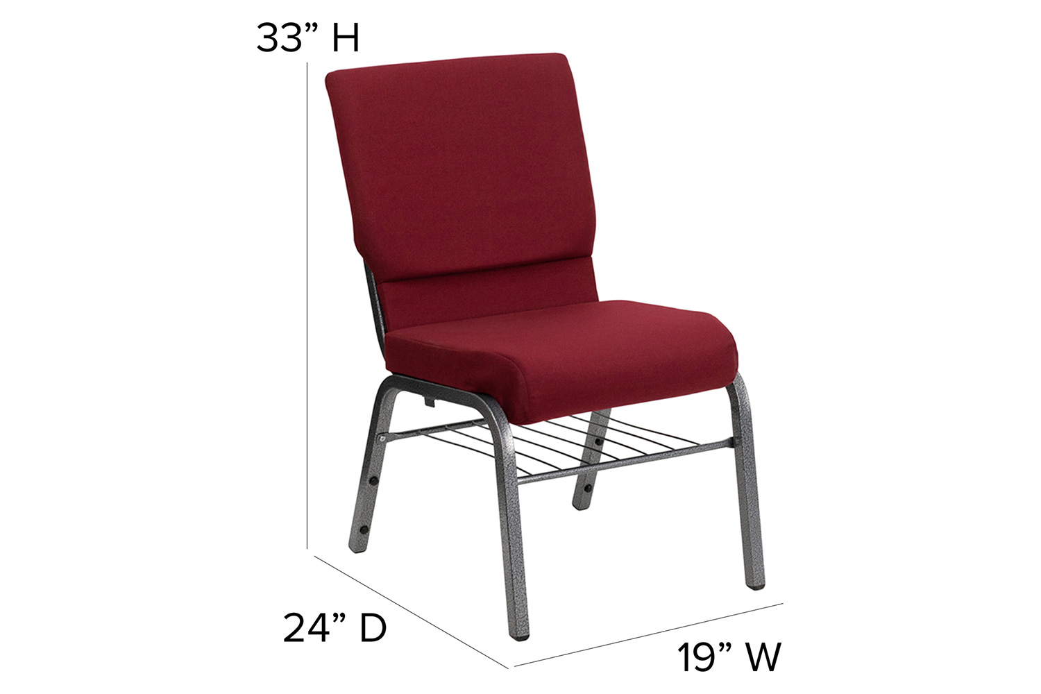 BLNK™ HERCULES Series Fabric Church Chair with Book Rack and Silver Vein Frame - Burgundy