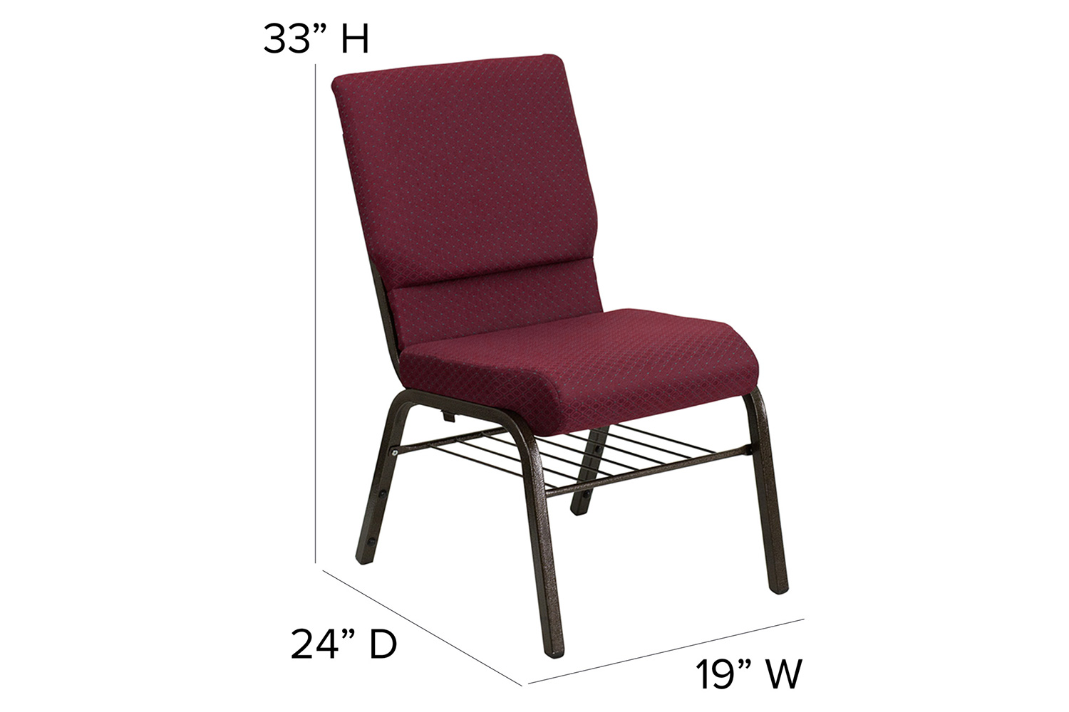 BLNK™ HERCULES Series Fabric Church Chair with Book Rack and Gold Vein Frame - Burgundy Patterned