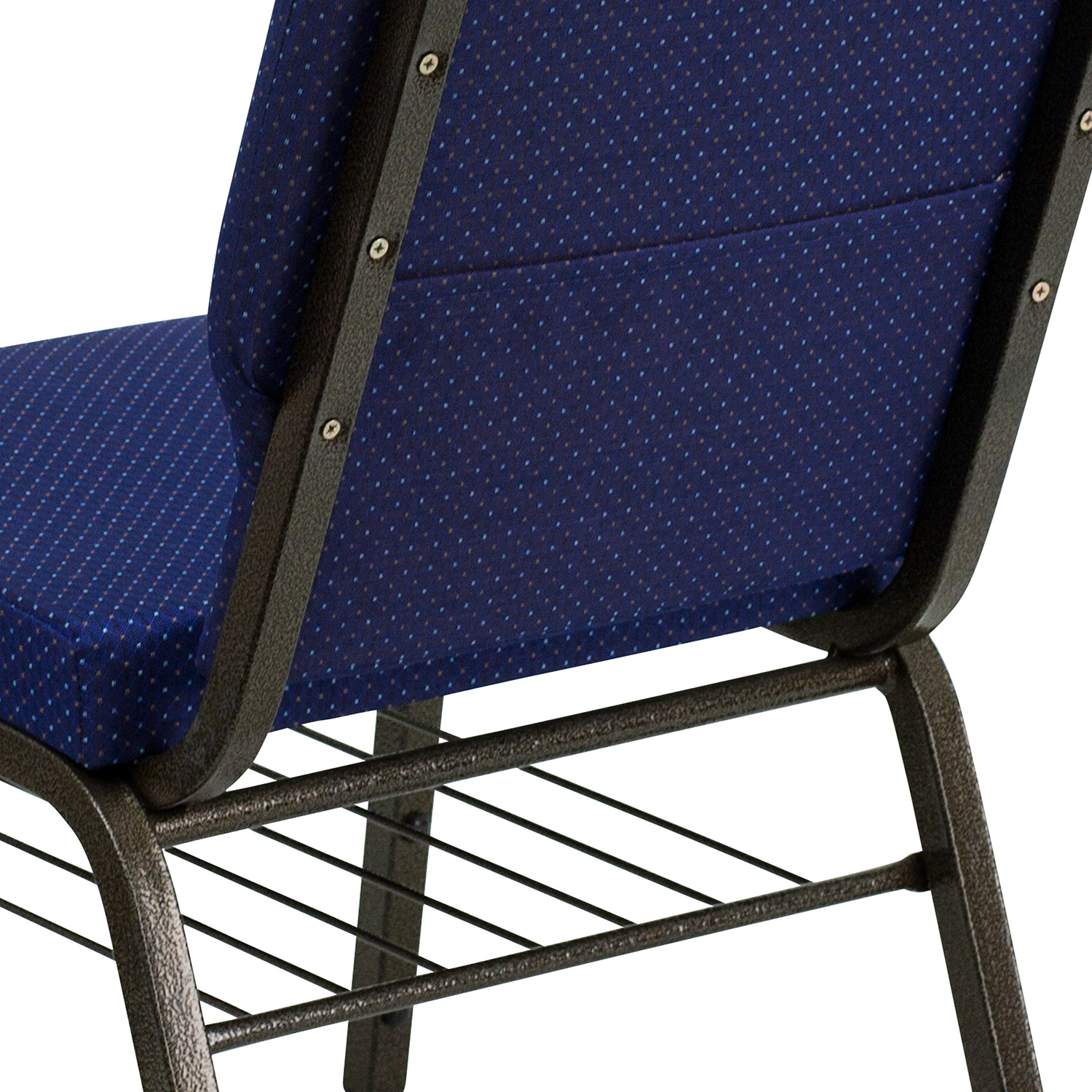 BLNK™ HERCULES Series Fabric Church Chair with Book Rack and Gold Vein Frame - Navy Blue Patterned