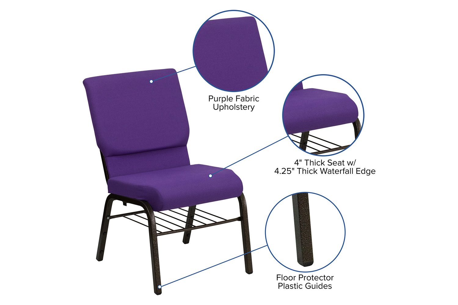 BLNK™ HERCULES Series Fabric Church Chair with Book Rack and Gold Vein Frame - Purple