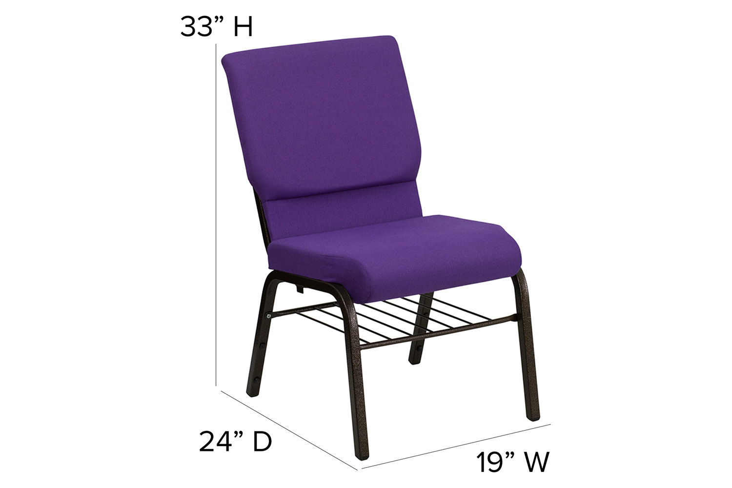 BLNK™ HERCULES Series Fabric Church Chair with Book Rack and Gold Vein Frame - Purple