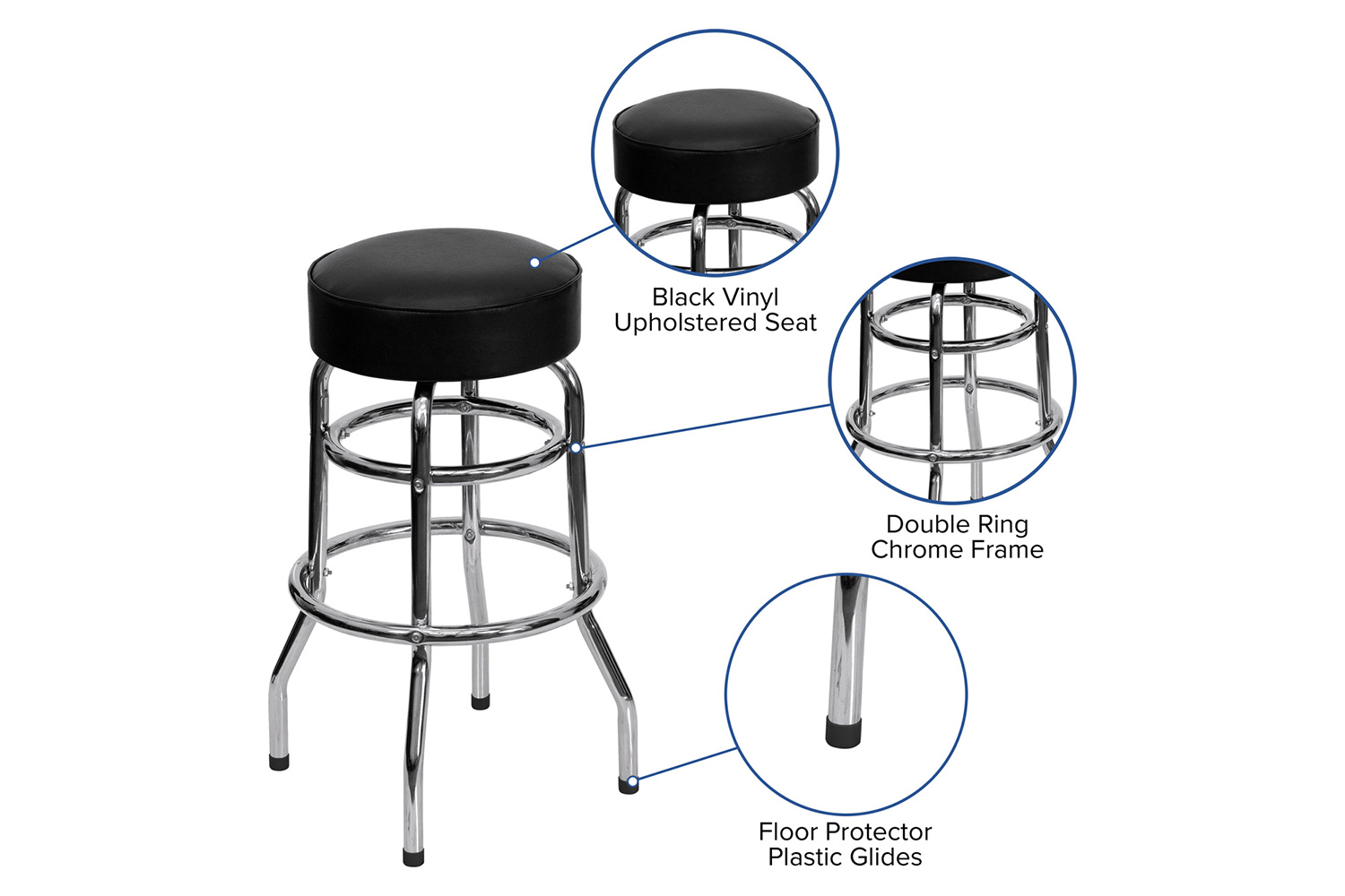 BLNK Bruno Double Ring Chrome Bar Stool - Black