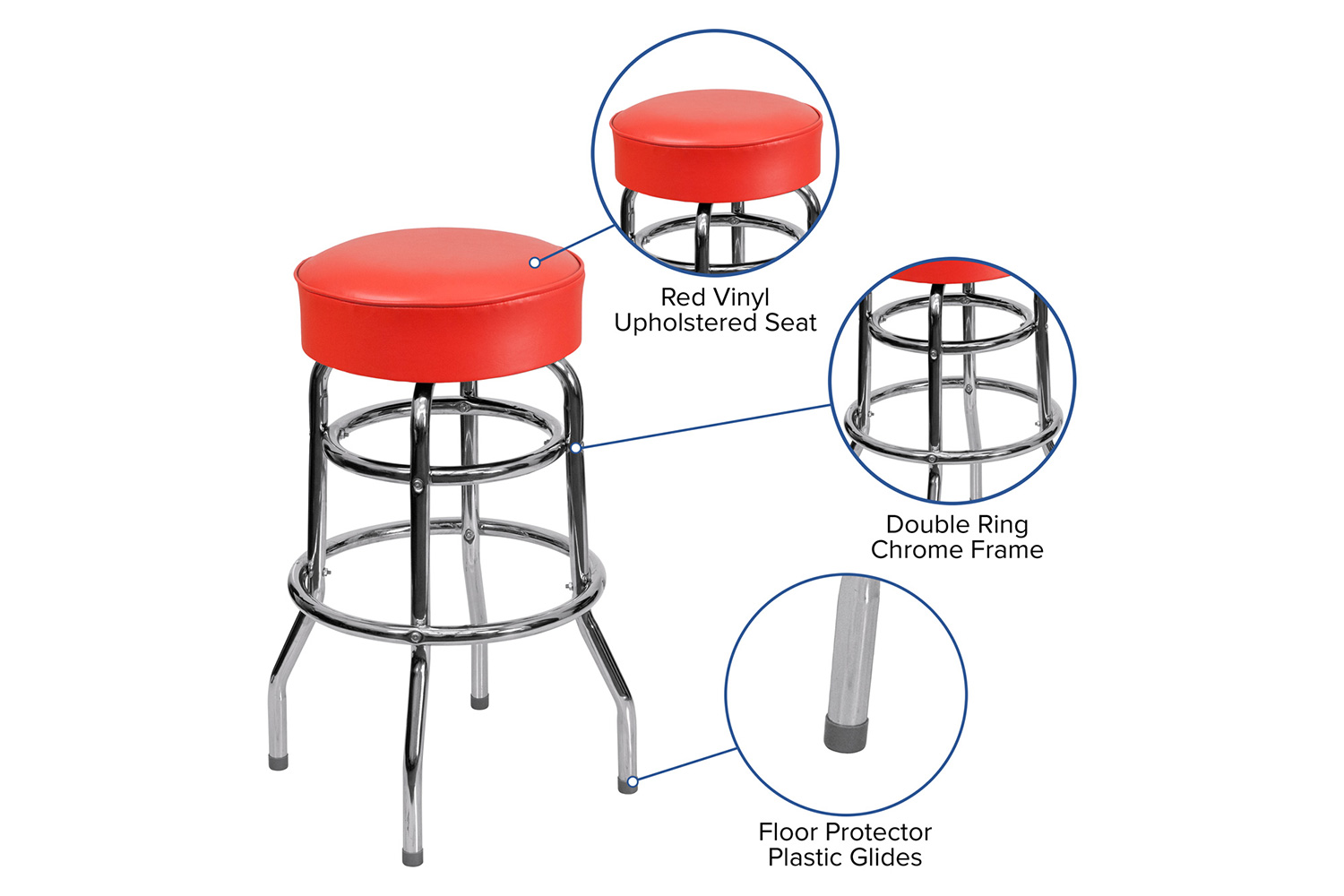 BLNK Bruno Double Ring Chrome Bar Stool - Red