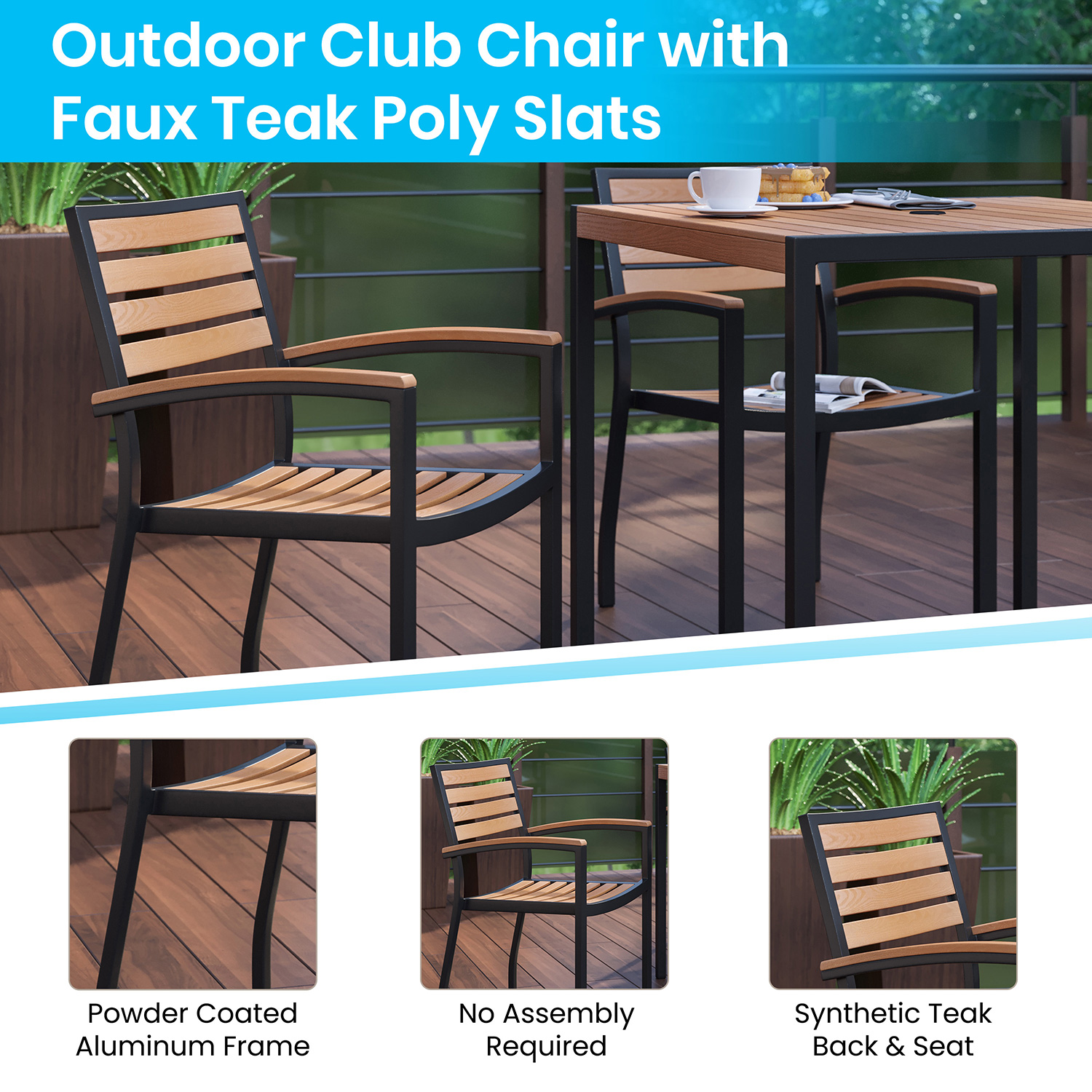 BLNK - Lark Indoor-Outdoor Patio Dining Table Set with 30" Square Faux Teak Table and 2 Stacking Club Chairs with Teak Accented Arms