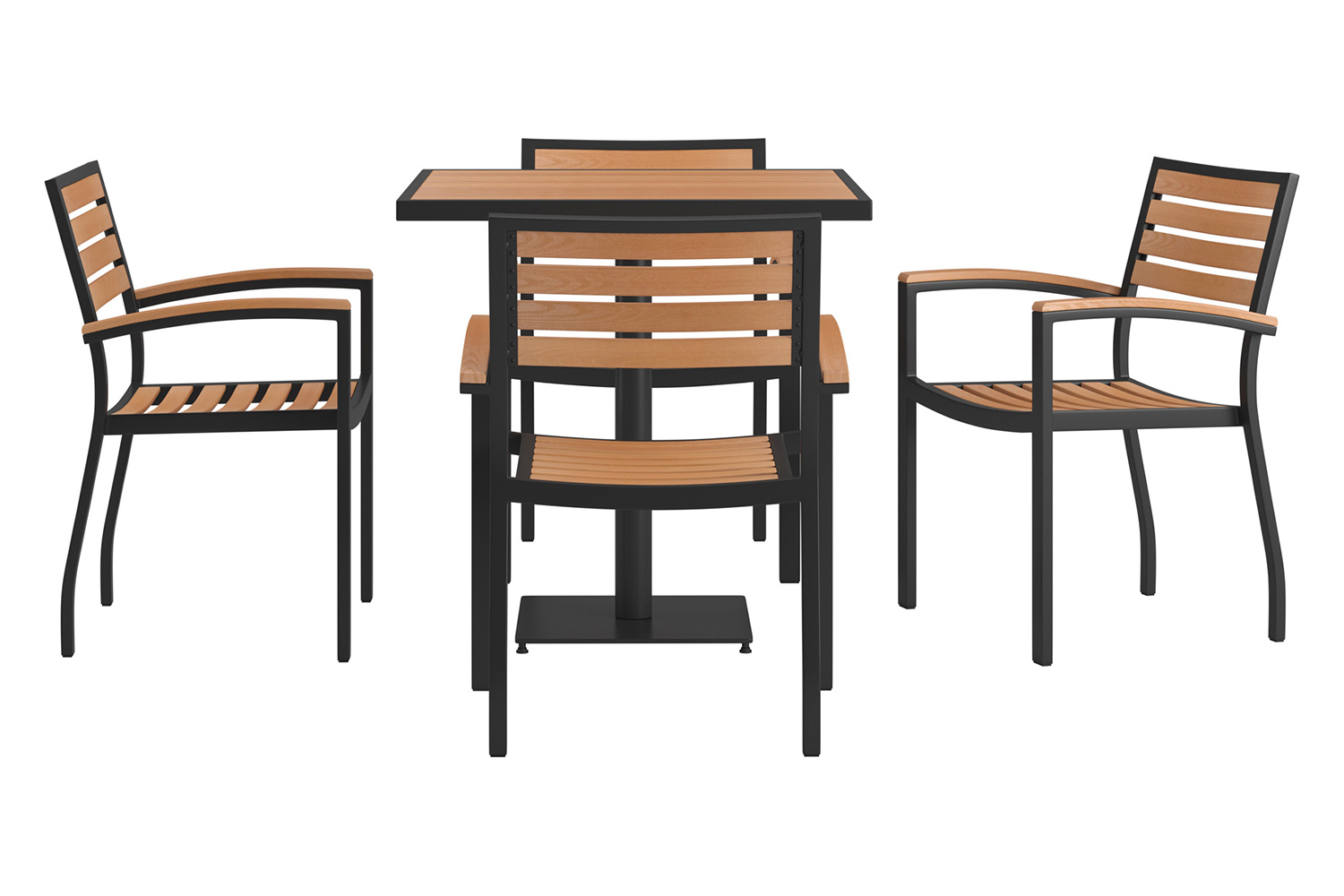 BLNK - Lark Indoor-Outdoor Patio Dining Table Set with 30" Square Faux Teak Table and 4 Stacking Club Chairs with Teak Accented Arms