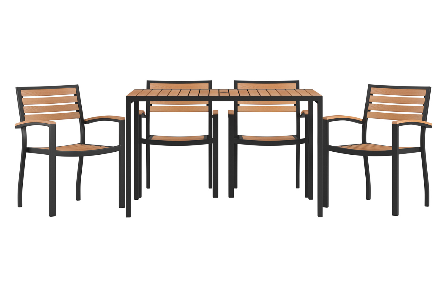 BLNK - Lark Outdoor Dining Table Set with Synthetic Teak Poly Slats, 30" x 48" Steel Framed Table with Umbrella Hole and 4 Club Chairs