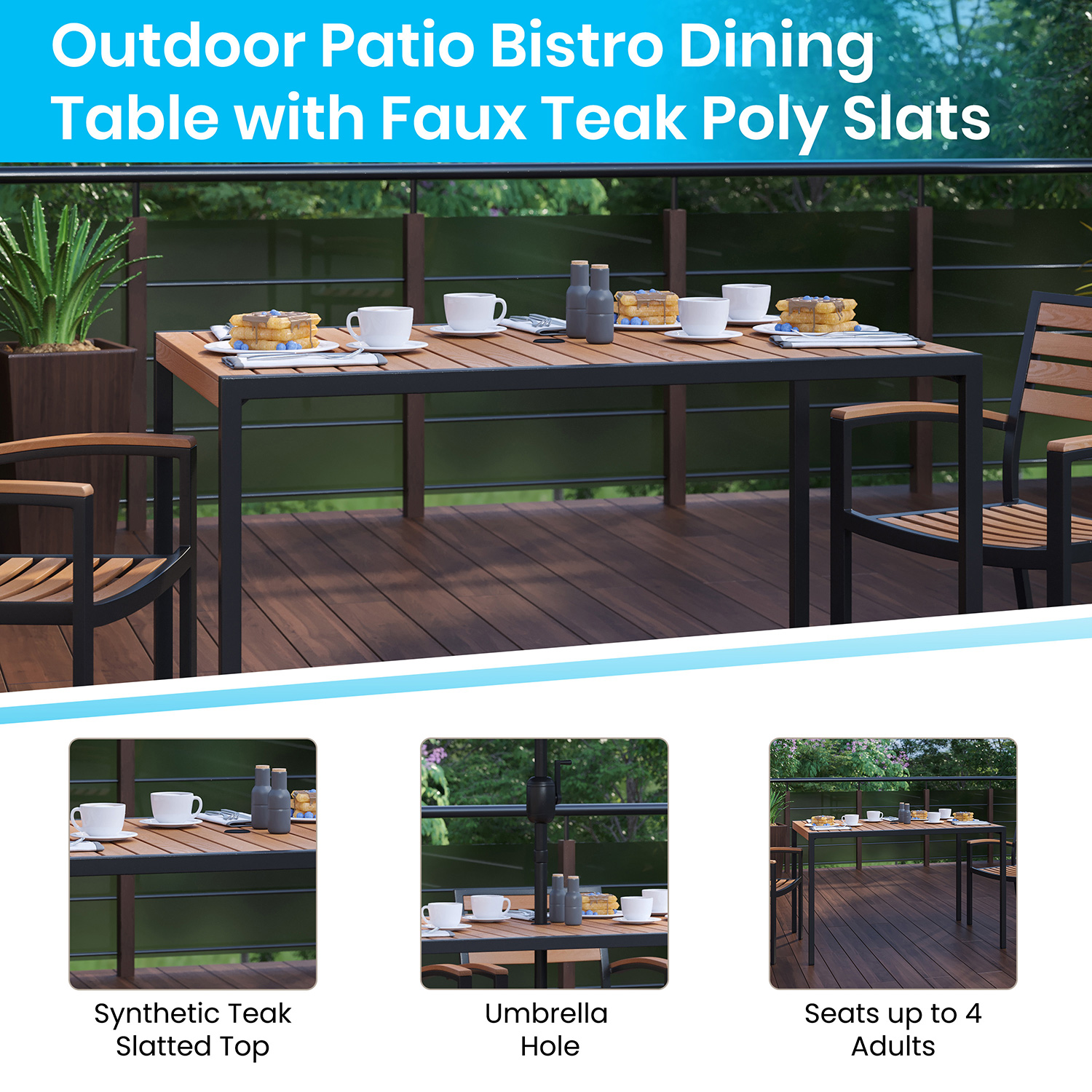 BLNK - Lark Outdoor Dining Table Set with Synthetic Teak Poly Slats, 30" x 48" Steel Framed Table with Umbrella Hole and 4 Club Chairs