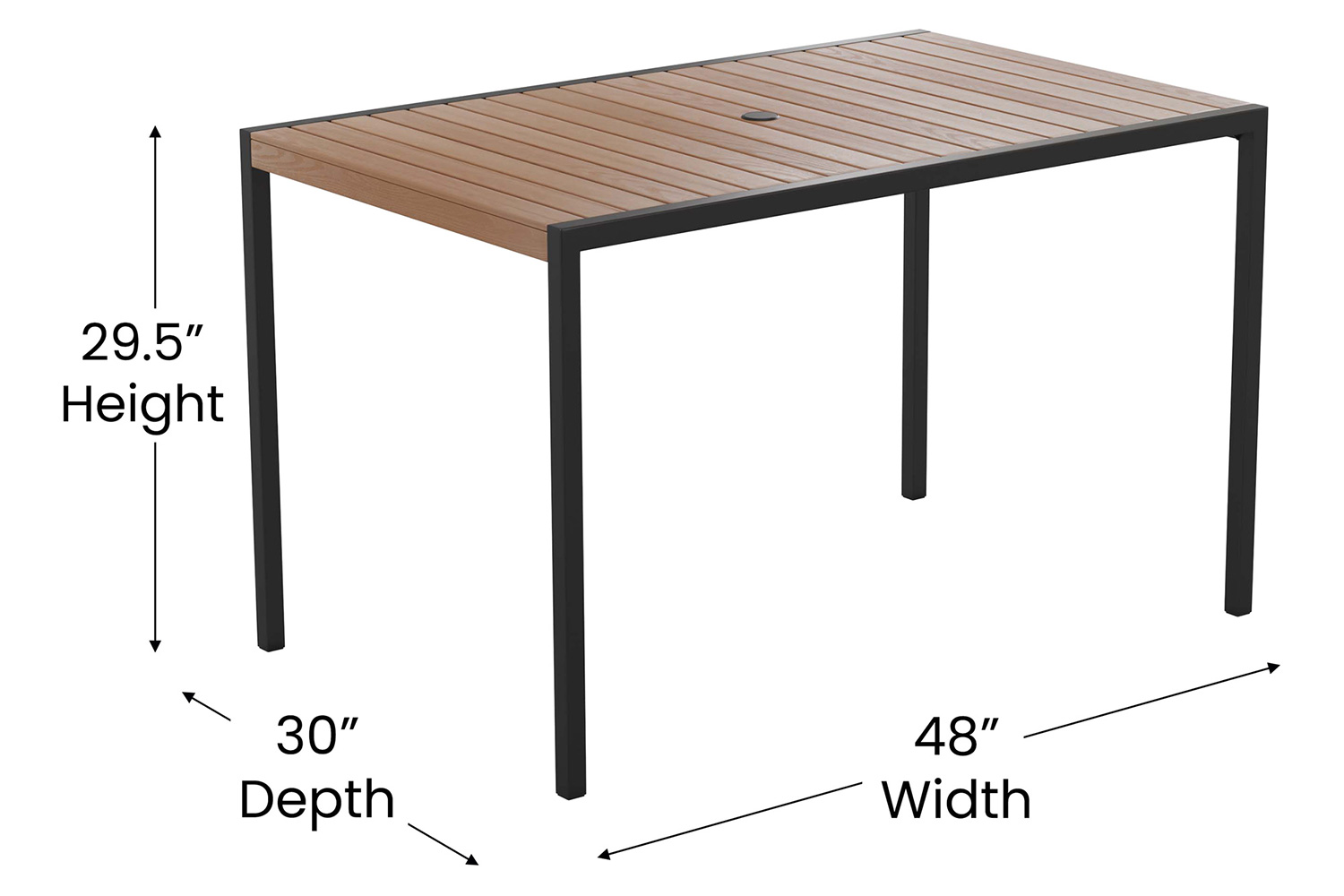 BLNK - Lark Outdoor Dining Table Set with Synthetic Teak Poly Slats, 30" x 48" Steel Framed Table with Umbrella Hole and 4 Club Chairs