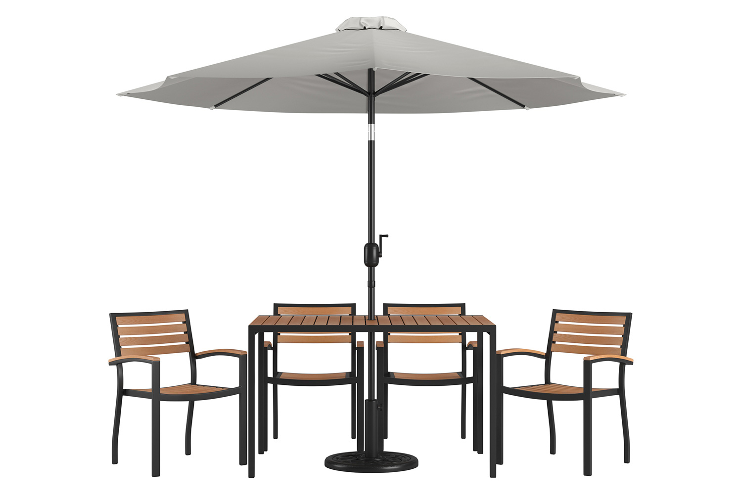 BLNK Lark Outdoor Patio Dining Table Set with 4 Synthetic Teak Stackable Chairs, 30" x 48" Table, Umbrella and Base