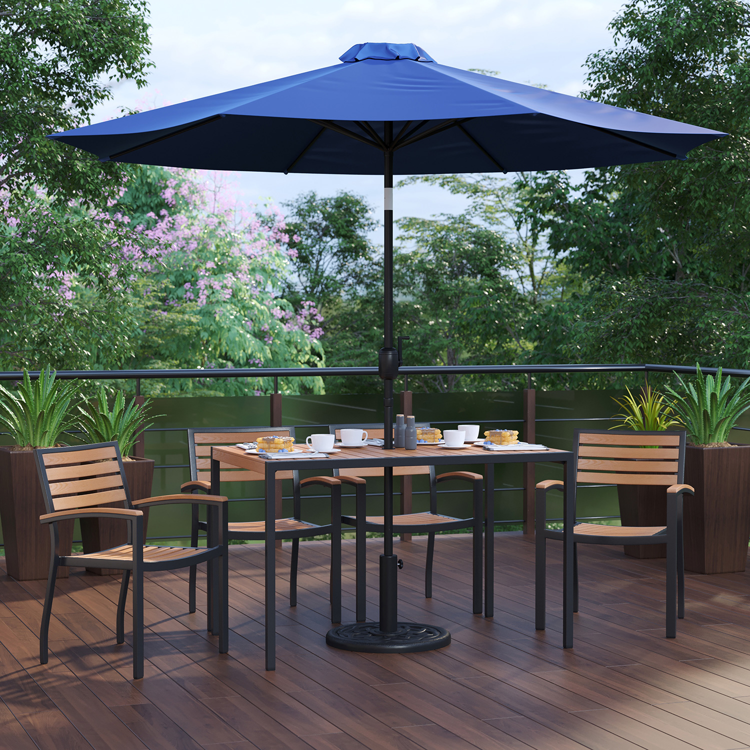 BLNK Lark Outdoor Patio Dining Table Set with 4 Synthetic Teak Stackable Chairs, 30" x 48" Table, Umbrella and Base