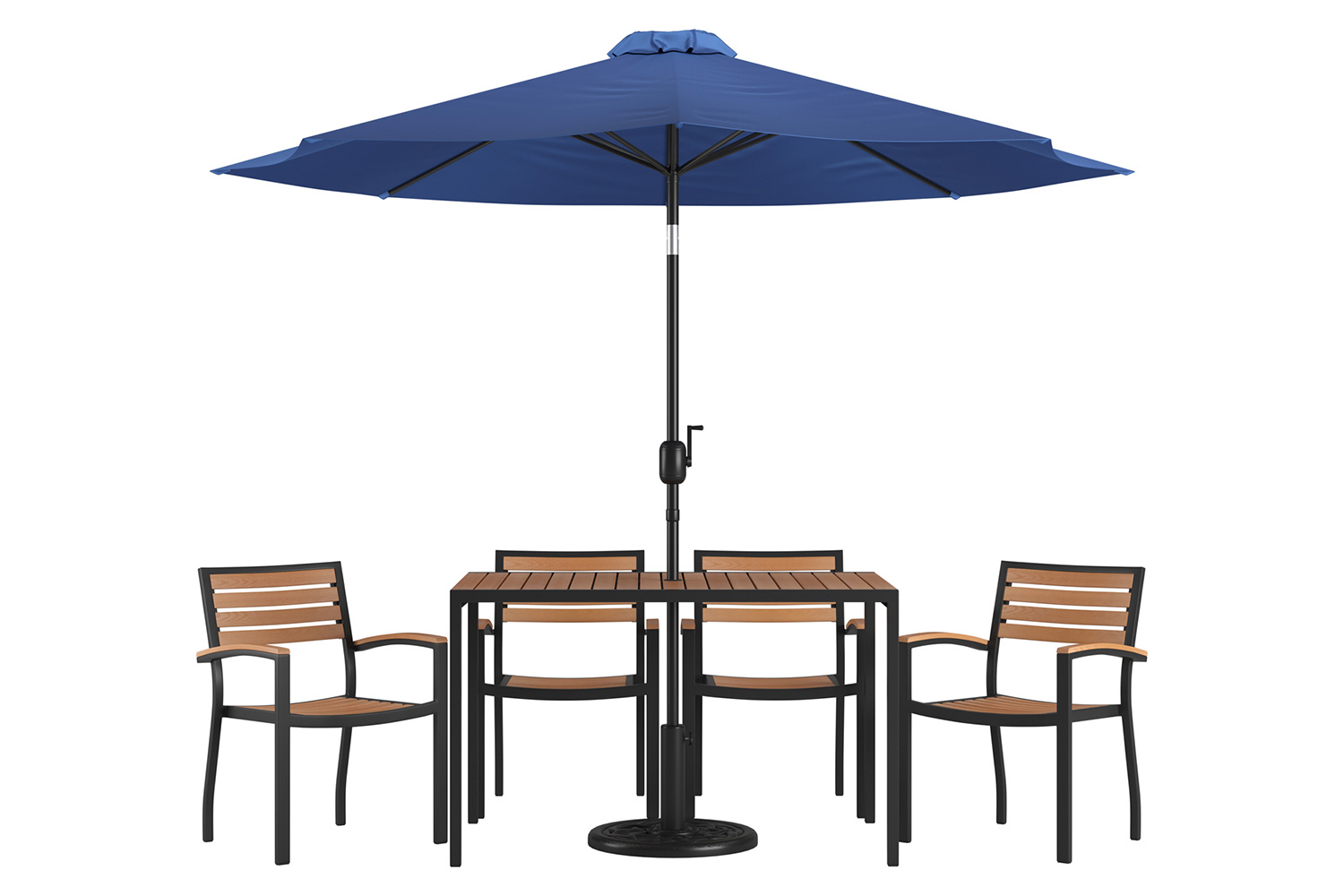 BLNK Lark Outdoor Patio Dining Table Set with 4 Synthetic Teak Stackable Chairs, 30" x 48" Table, Umbrella and Base - Navy