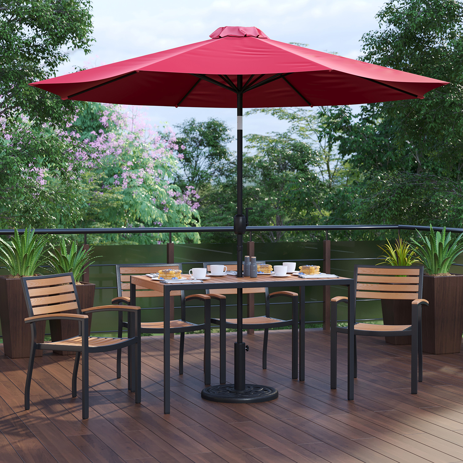 BLNK Lark Outdoor Patio Dining Table Set with 4 Synthetic Teak Stackable Chairs, 30" x 48" Table, Umbrella and Base