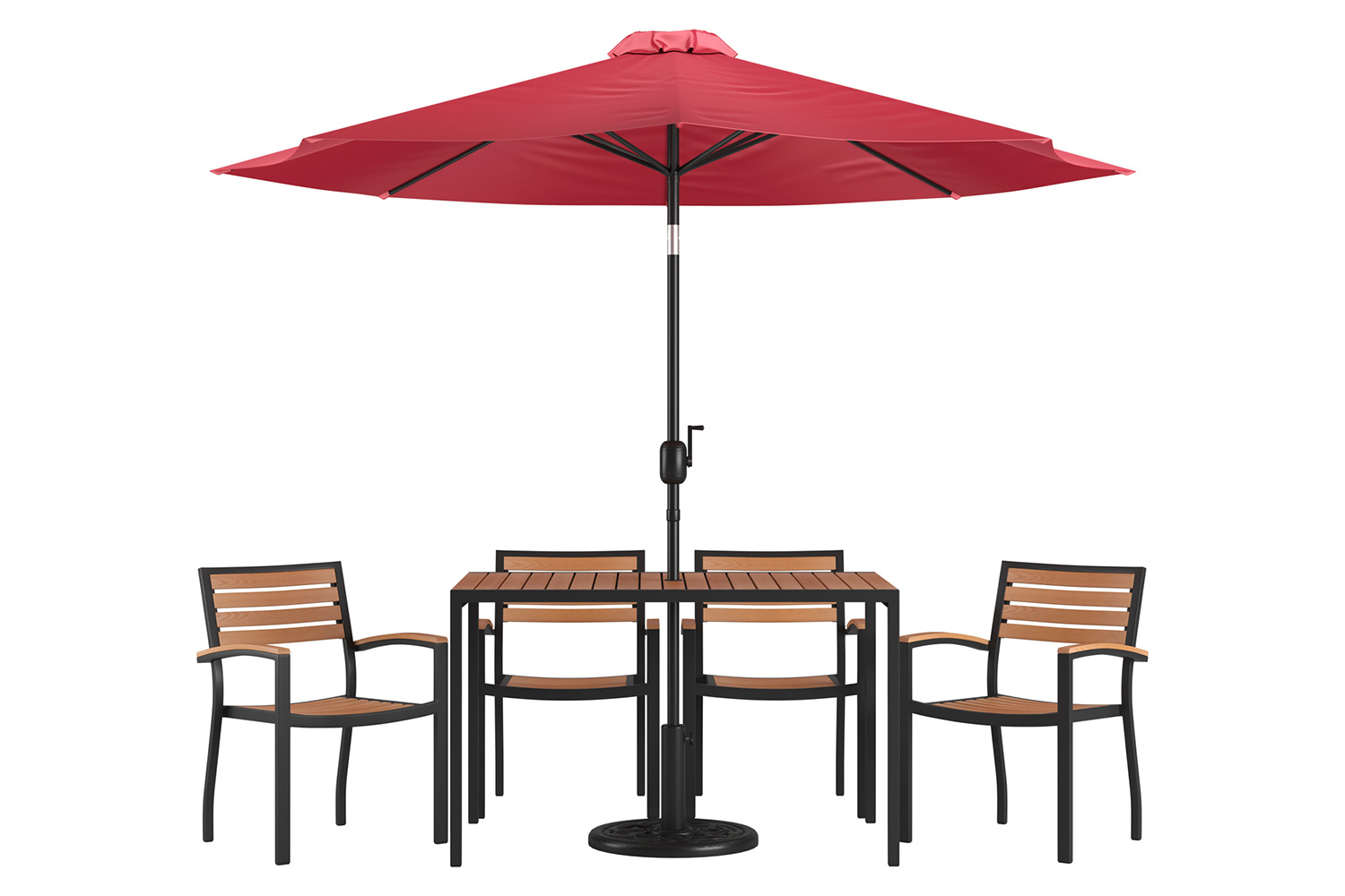 BLNK Lark Outdoor Patio Dining Table Set with 4 Synthetic Teak Stackable Chairs, 30" x 48" Table, Umbrella and Base - Red