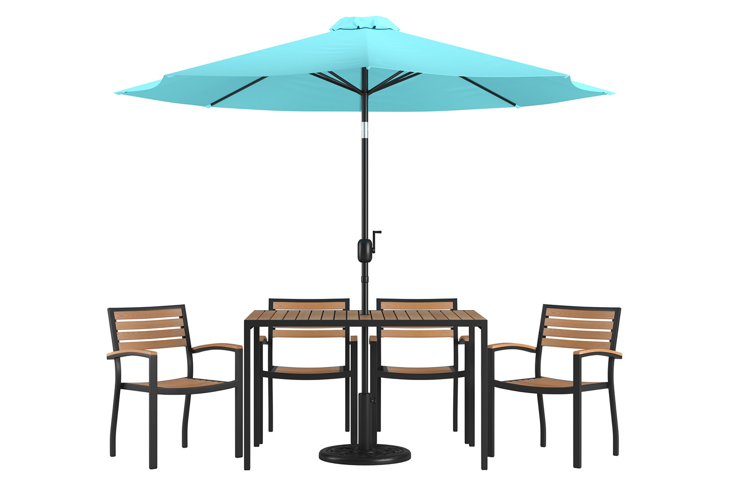 BLNK Lark Outdoor Patio Dining Table Set with 4 Synthetic Teak Stackable Chairs, 30" x 48" Table, Umbrella and Base - Teal