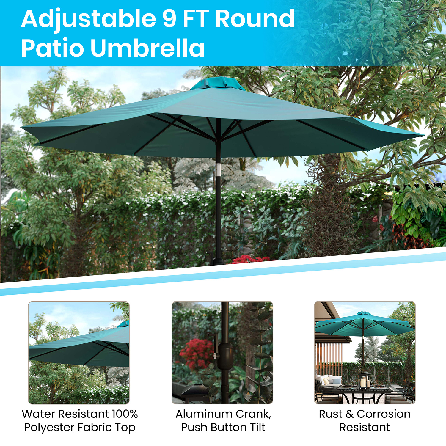 BLNK Lark Outdoor Patio Dining Table Set with 4 Synthetic Teak Stackable Chairs, 30" x 48" Table, Umbrella and Base - Teal