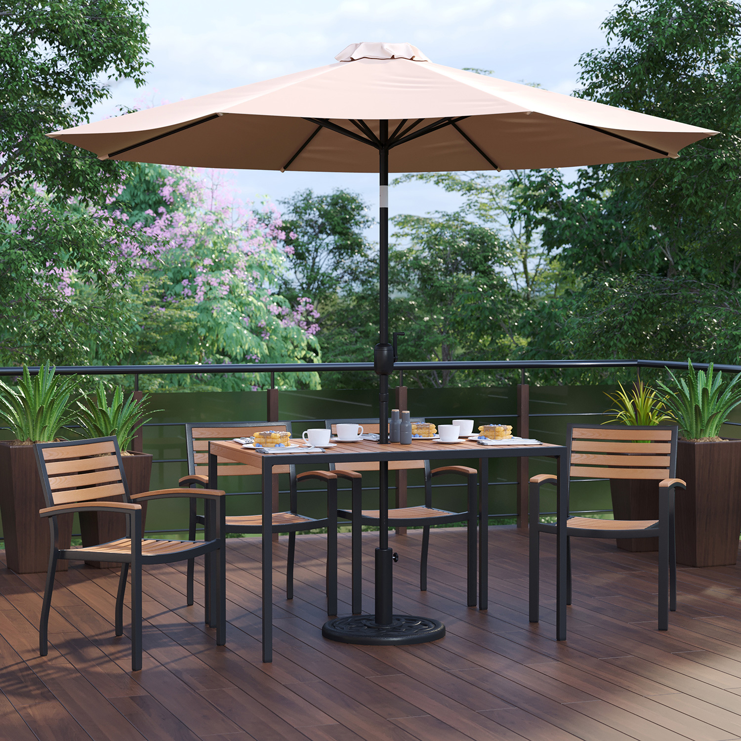 BLNK Lark Outdoor Patio Dining Table Set with 4 Synthetic Teak Stackable Chairs, 30" x 48" Table, Umbrella and Base