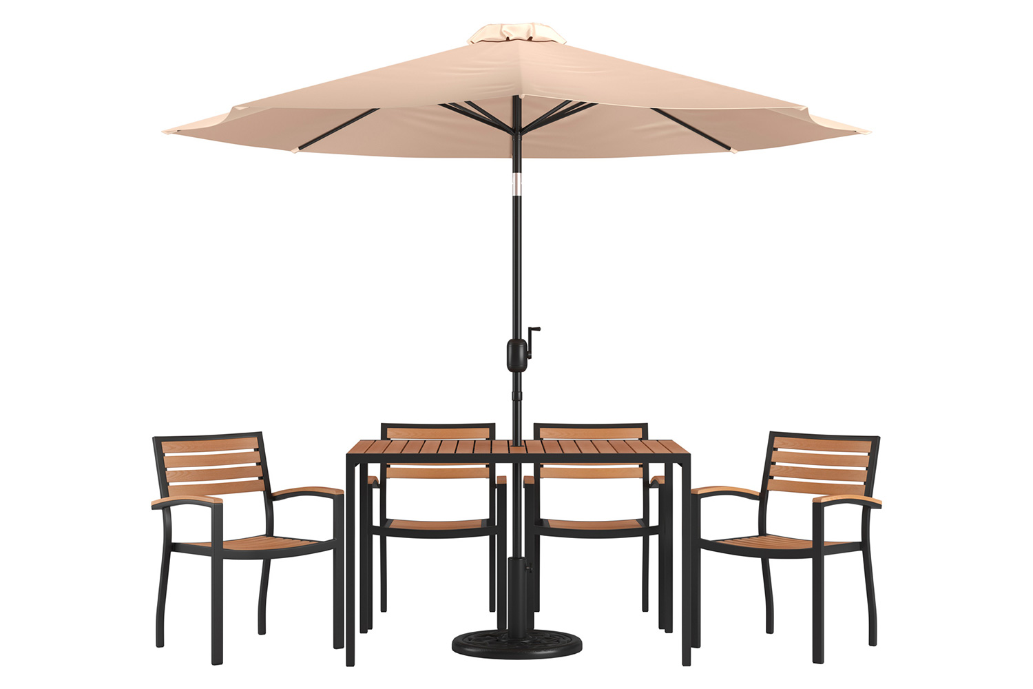 BLNK Lark Outdoor Patio Dining Table Set with 4 Synthetic Teak Stackable Chairs, 30" x 48" Table, Umbrella and Base - Tan