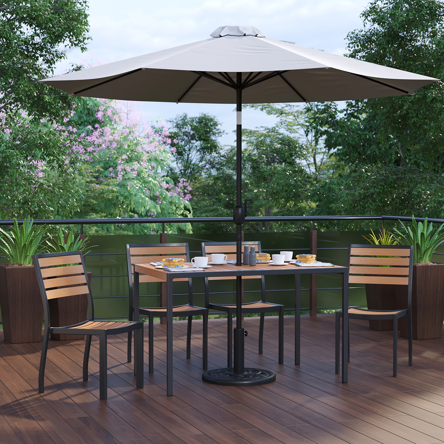 BLNK All-Weather Deck or Patio Set with 4 Stacking Faux Teak Chairs, 30" x 48" Faux Teak Table, Umbrella and Base