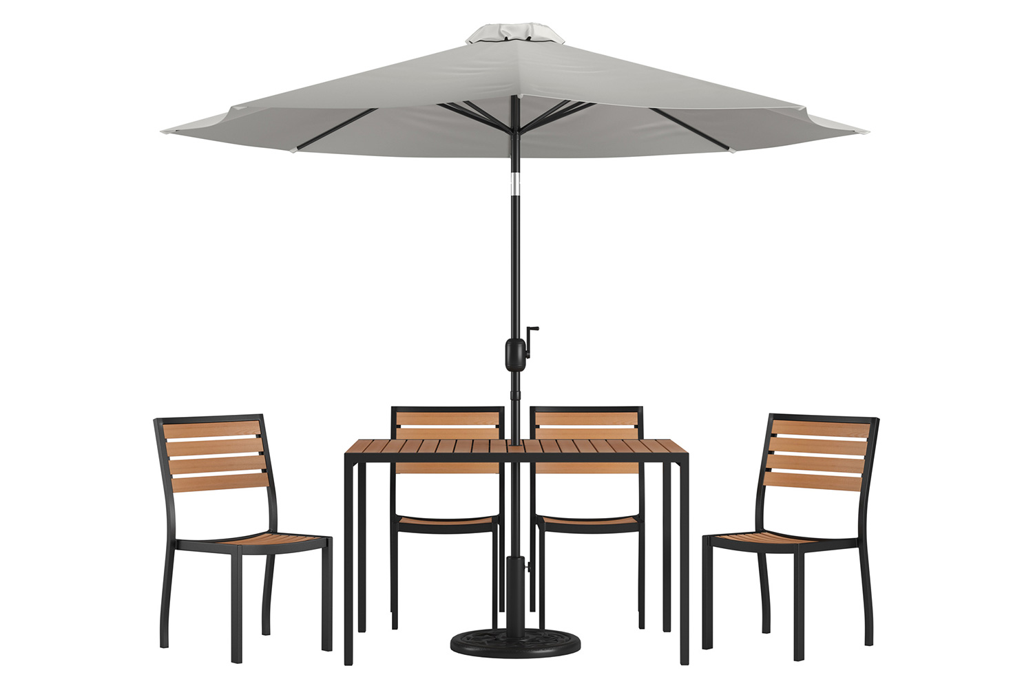 BLNK All-Weather Deck or Patio Set with 4 Stacking Faux Teak Chairs, 30" x 48" Faux Teak Table, Umbrella and Base - Gray