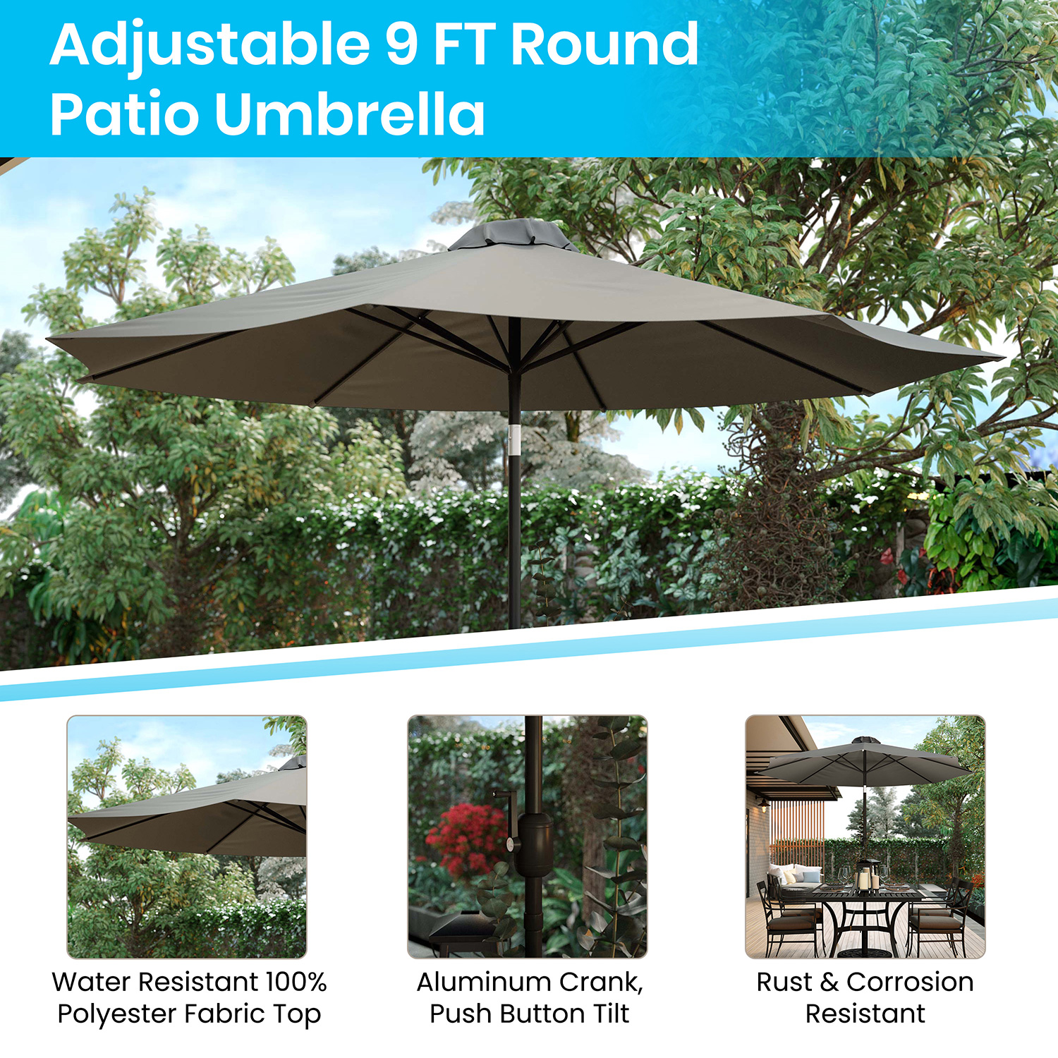 BLNK All-Weather Deck or Patio Set with 4 Stacking Faux Teak Chairs, 30" x 48" Faux Teak Table, Umbrella and Base - Gray