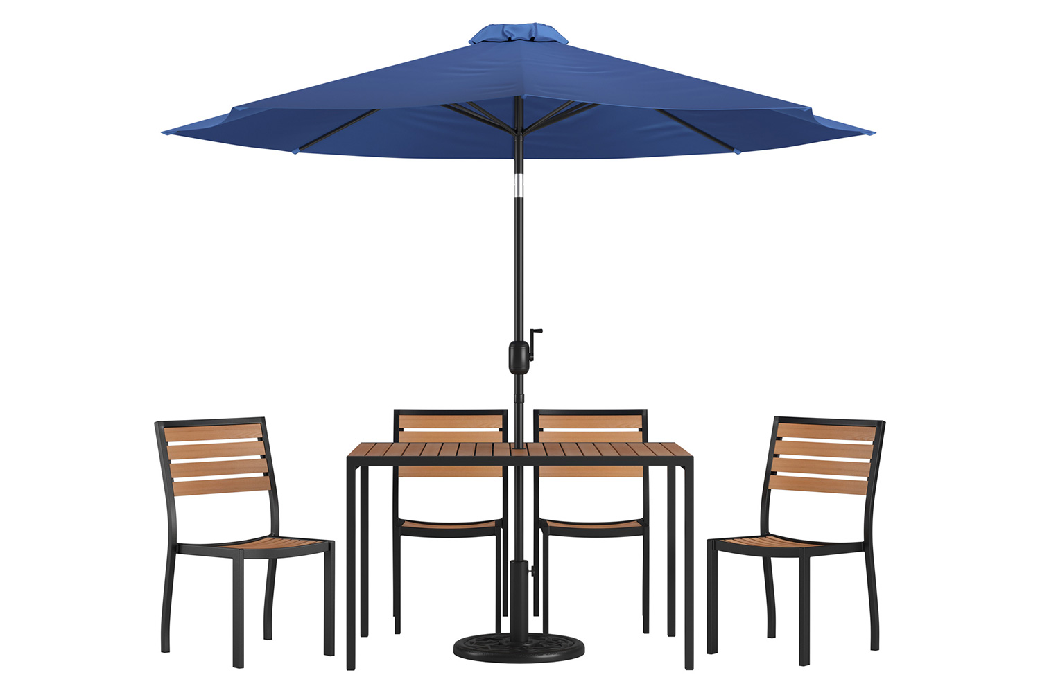 BLNK All-Weather Deck or Patio Set with 4 Stacking Faux Teak Chairs, 30" x 48" Faux Teak Table, Umbrella and Base