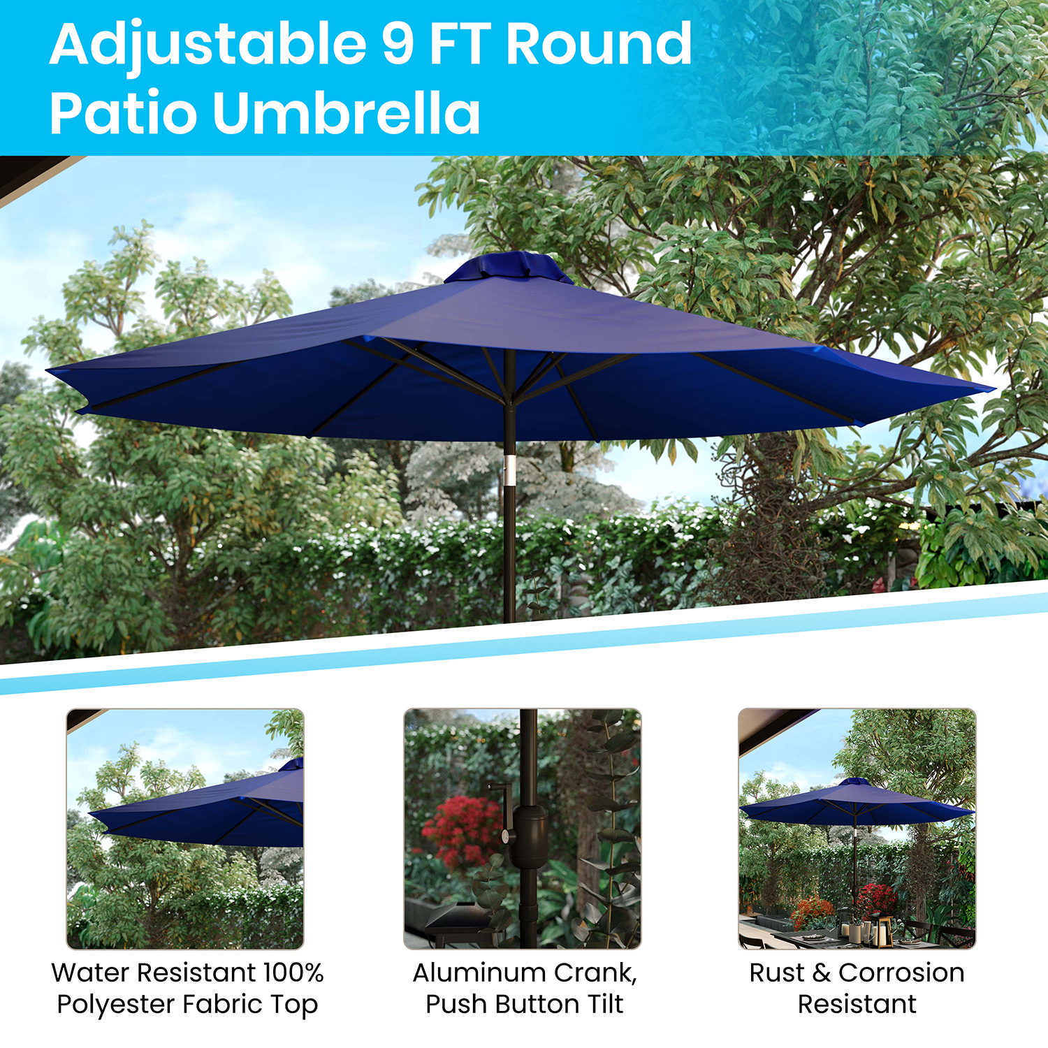 BLNK All-Weather Deck or Patio Set with 4 Stacking Faux Teak Chairs, 30" x 48" Faux Teak Table, Umbrella and Base - Navy