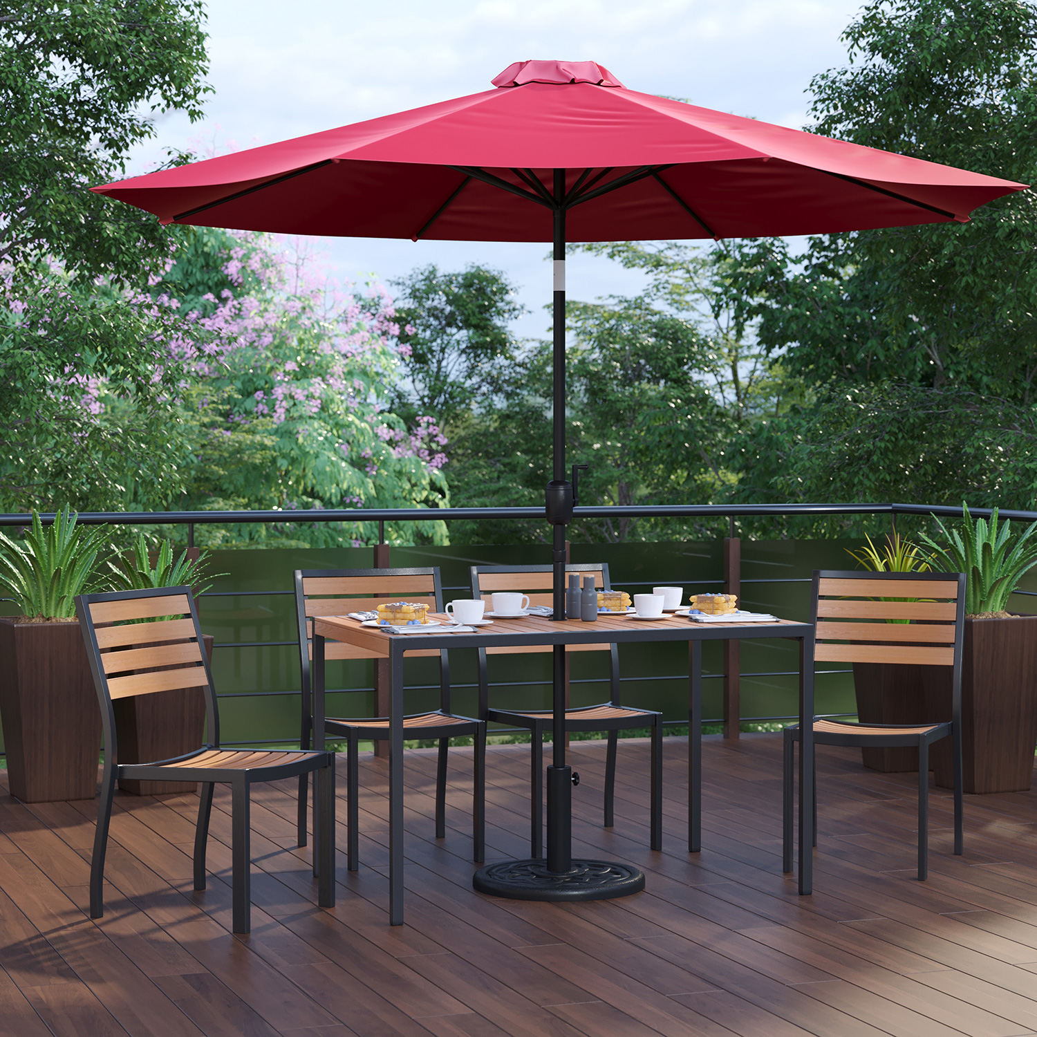 BLNK All-Weather Deck or Patio Set with 4 Stacking Faux Teak Chairs, 30" x 48" Faux Teak Table, Umbrella and Base