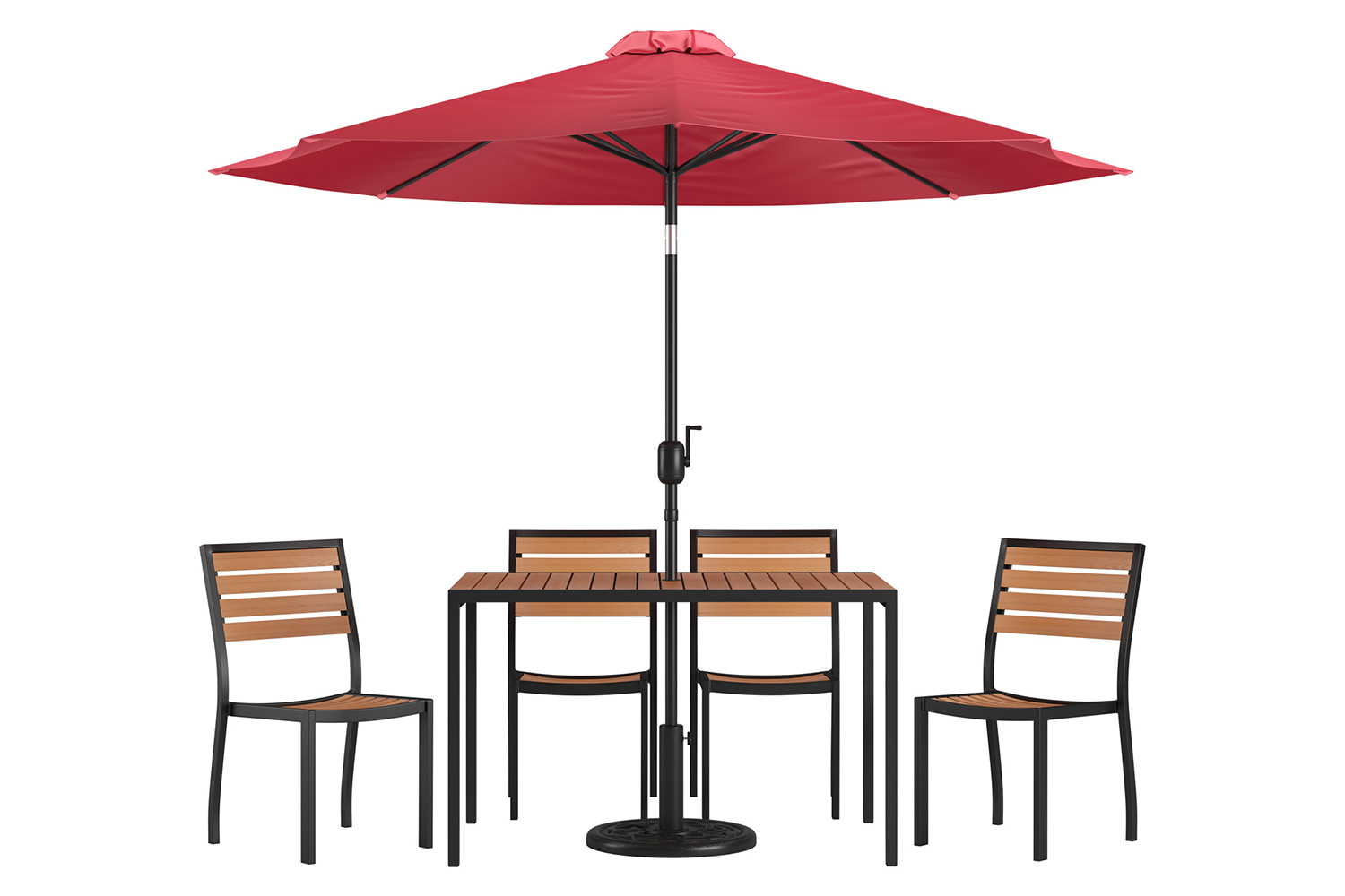 BLNK All-Weather Deck or Patio Set with 4 Stacking Faux Teak Chairs, 30" x 48" Faux Teak Table, Umbrella and Base - Red