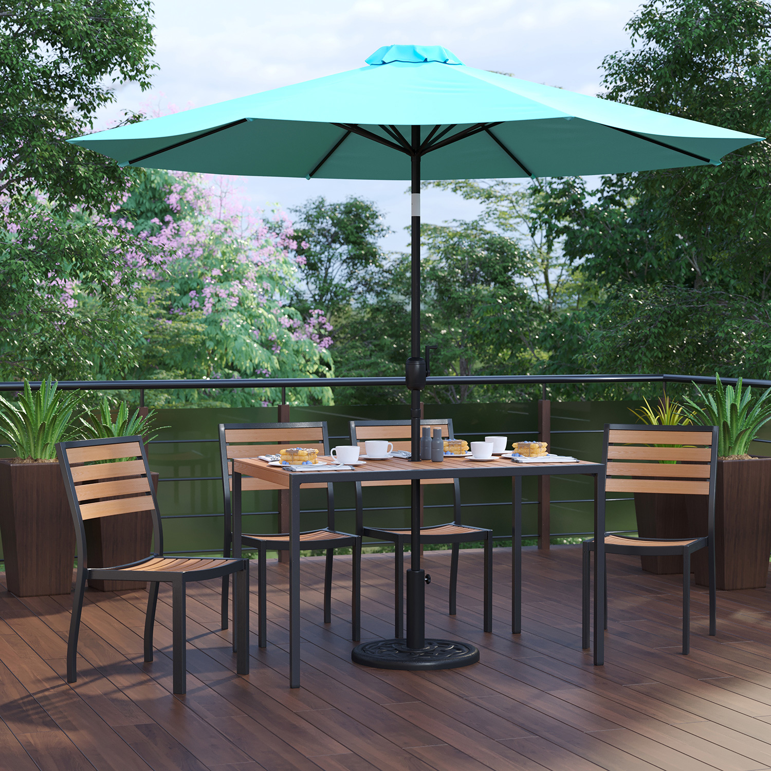 BLNK All-Weather Deck or Patio Set with 4 Stacking Faux Teak Chairs, 30" x 48" Faux Teak Table, Umbrella and Base