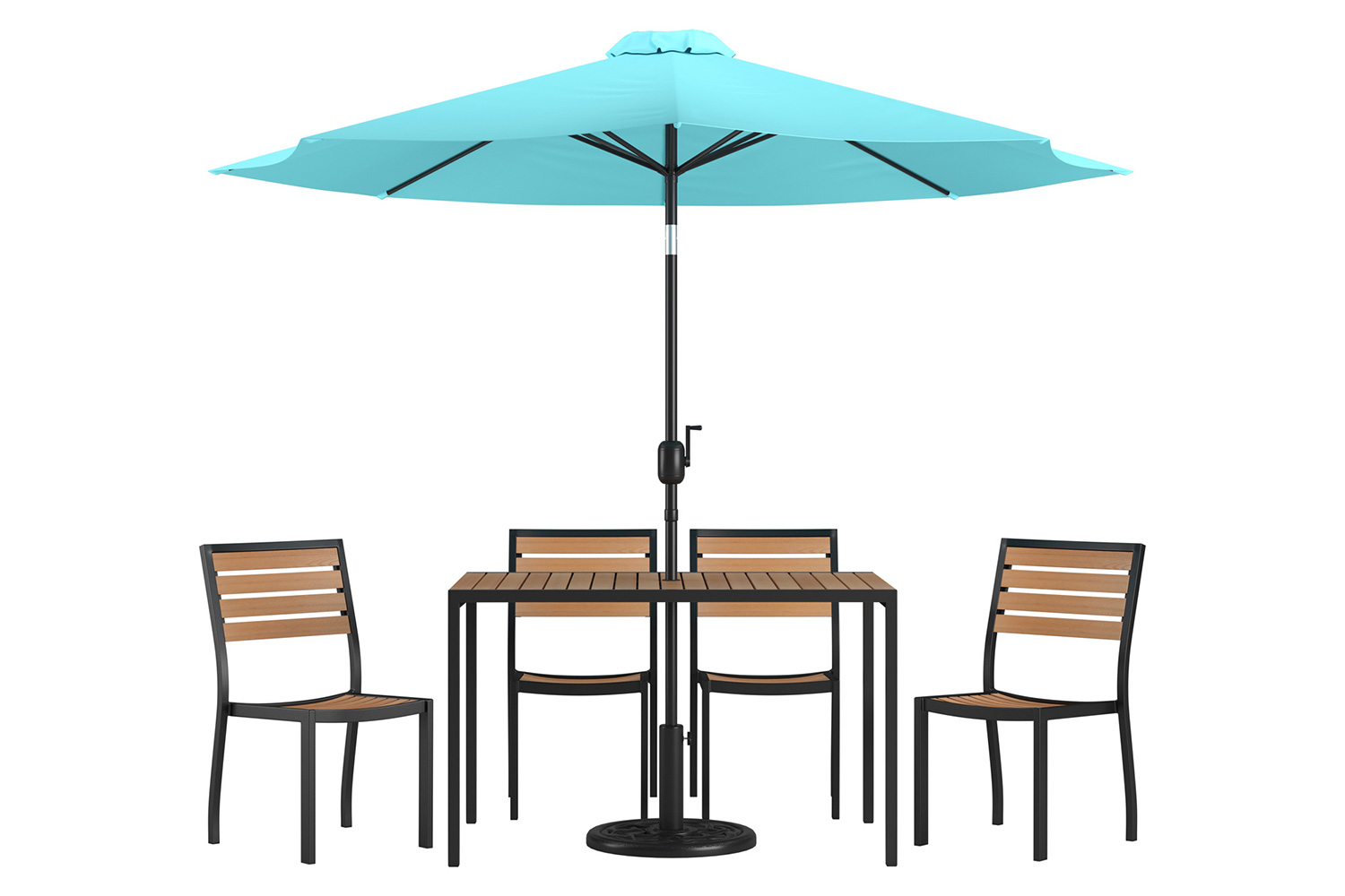 BLNK All-Weather Deck or Patio Set with 4 Stacking Faux Teak Chairs, 30" x 48" Faux Teak Table, Umbrella and Base - Teal