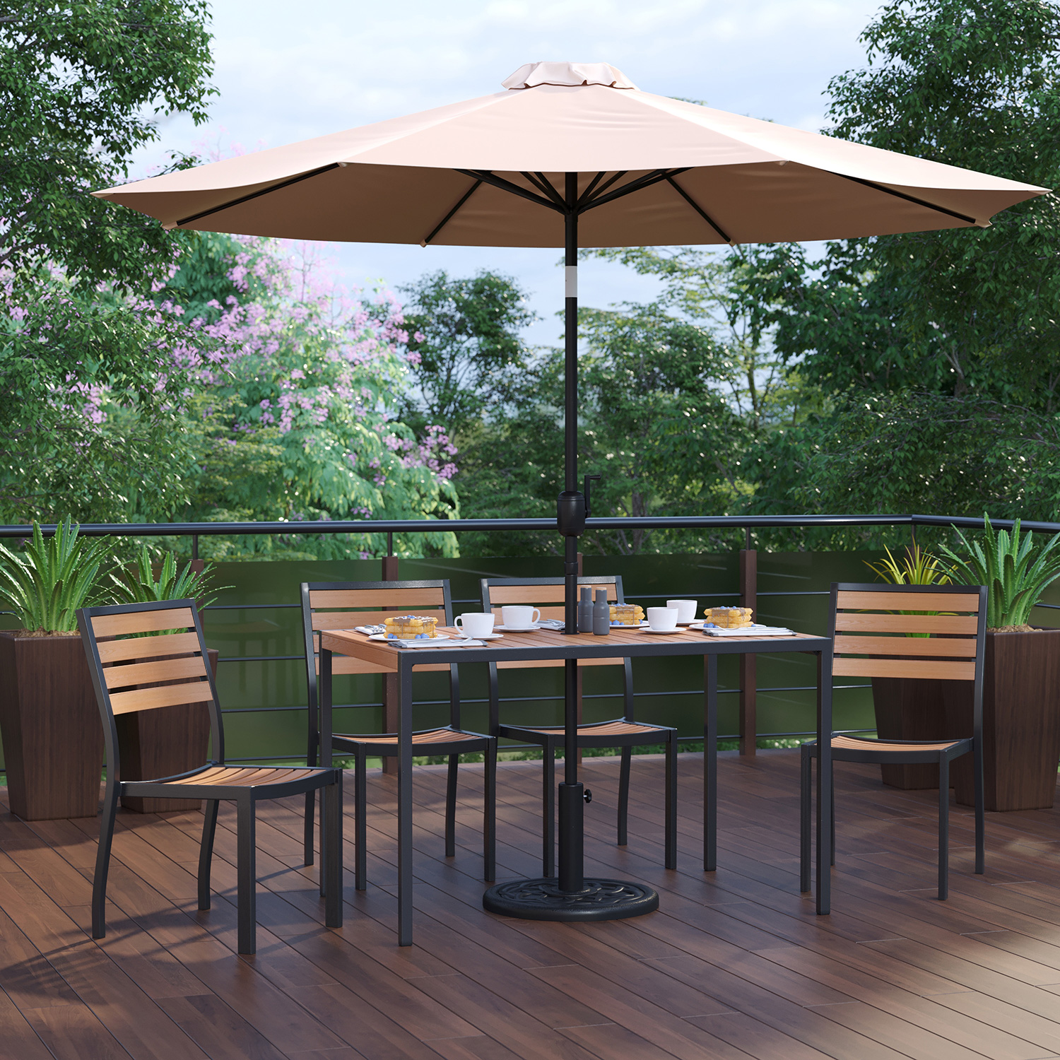 BLNK All-Weather Deck or Patio Set with 4 Stacking Faux Teak Chairs, 30" x 48" Faux Teak Table, Umbrella and Base