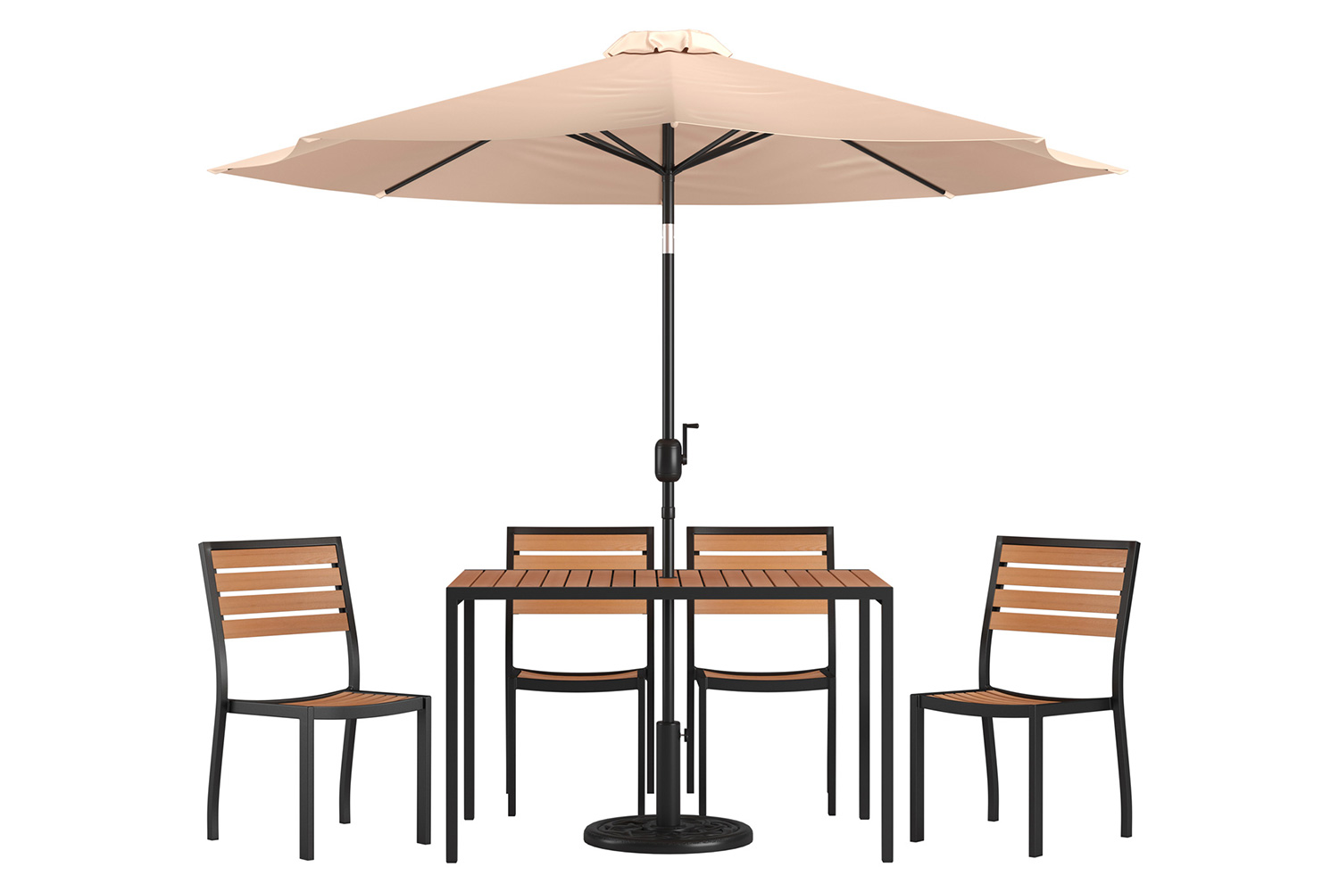 BLNK All-Weather Deck or Patio Set with 4 Stacking Faux Teak Chairs, 30" x 48" Faux Teak Table, Umbrella and Base - Tan