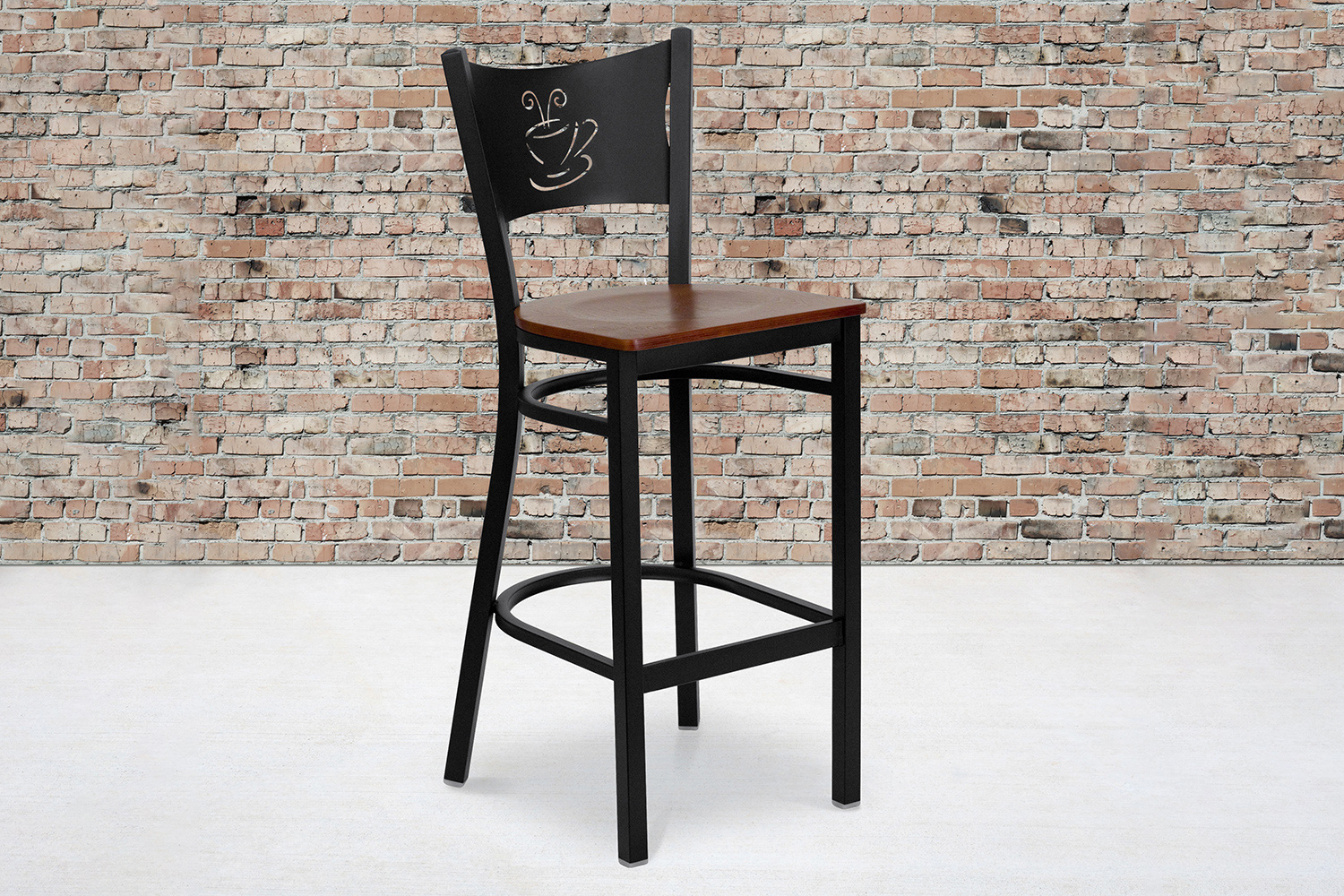 BLNK HERCULES Series Black Metal Coffee Back Restaurant Bar Stool with Wood Seat