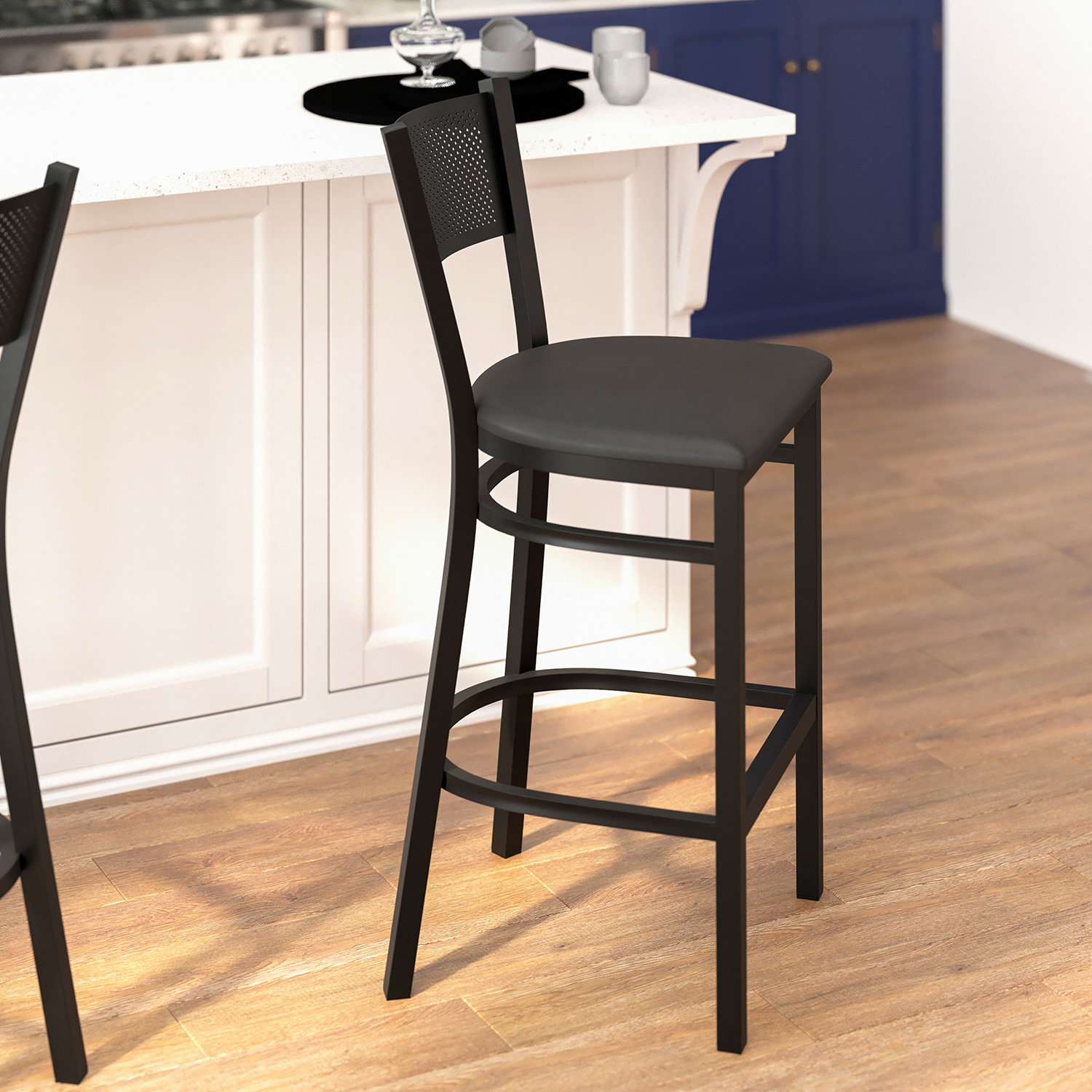 BLNK HERCULES Series Black Metal Grid Back Restaurant Bar Stool with Vinyl Seat