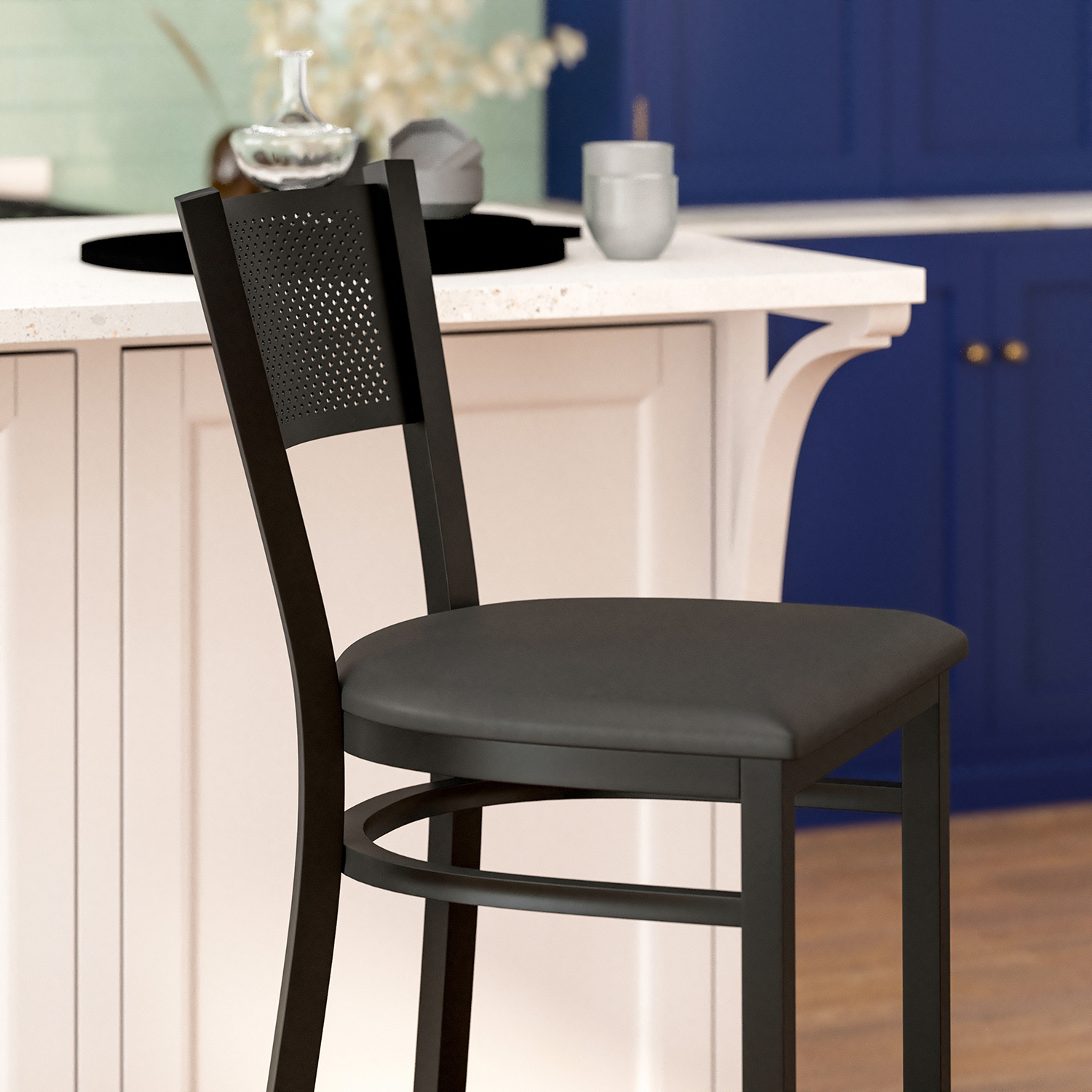 BLNK HERCULES Series Black Metal Grid Back Restaurant Bar Stool with Vinyl Seat - Black