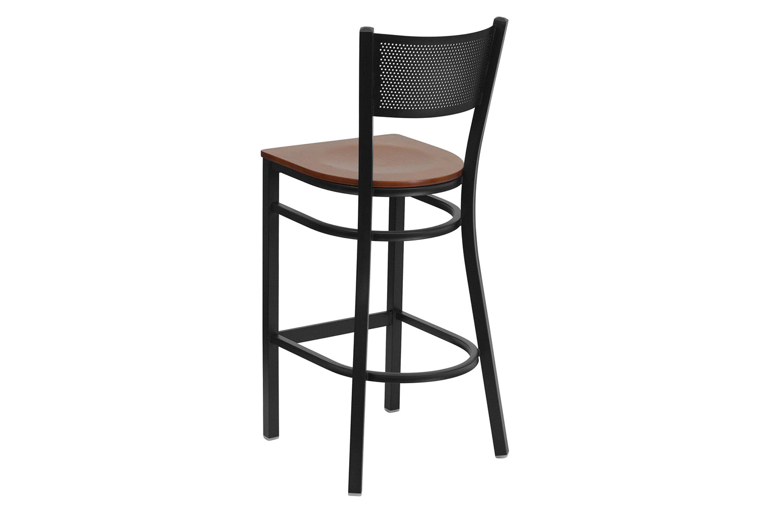 BLNK HERCULES Series Black Metal Grid Back Restaurant Bar Stool with Wood Seat - Cherry