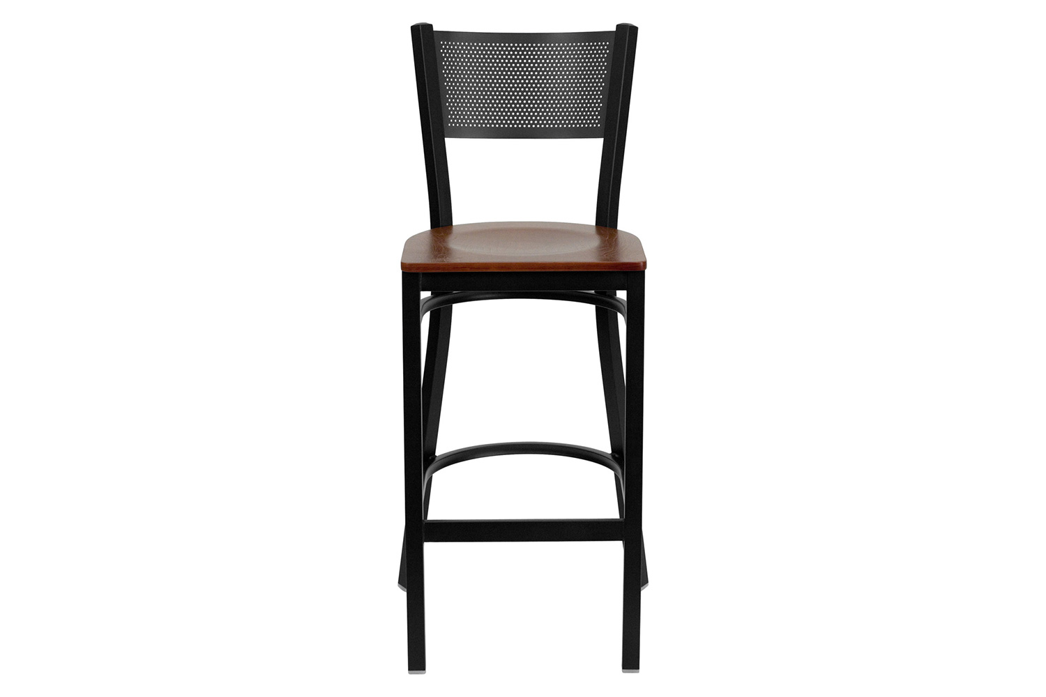 BLNK HERCULES Series Black Metal Grid Back Restaurant Bar Stool with Wood Seat - Cherry