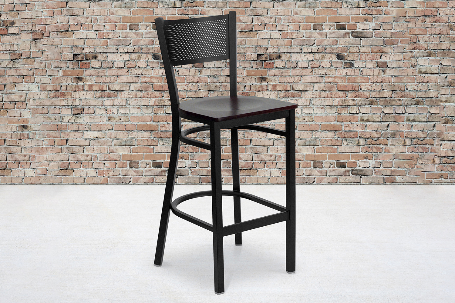 BLNK HERCULES Series Black Metal Grid Back Restaurant Bar Stool with Wood Seat