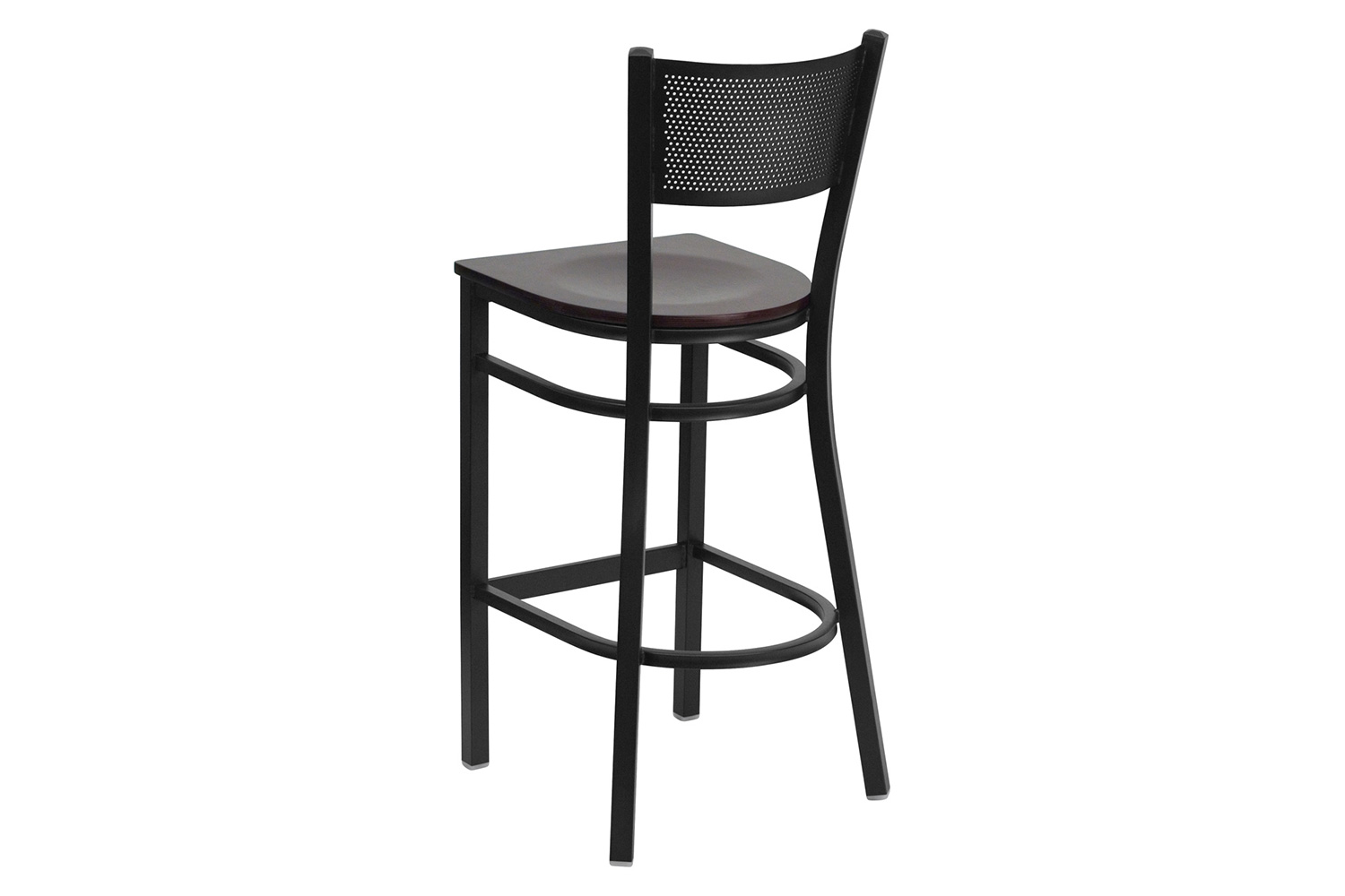 BLNK HERCULES Series Black Metal Grid Back Restaurant Bar Stool with Wood Seat - Mahogany