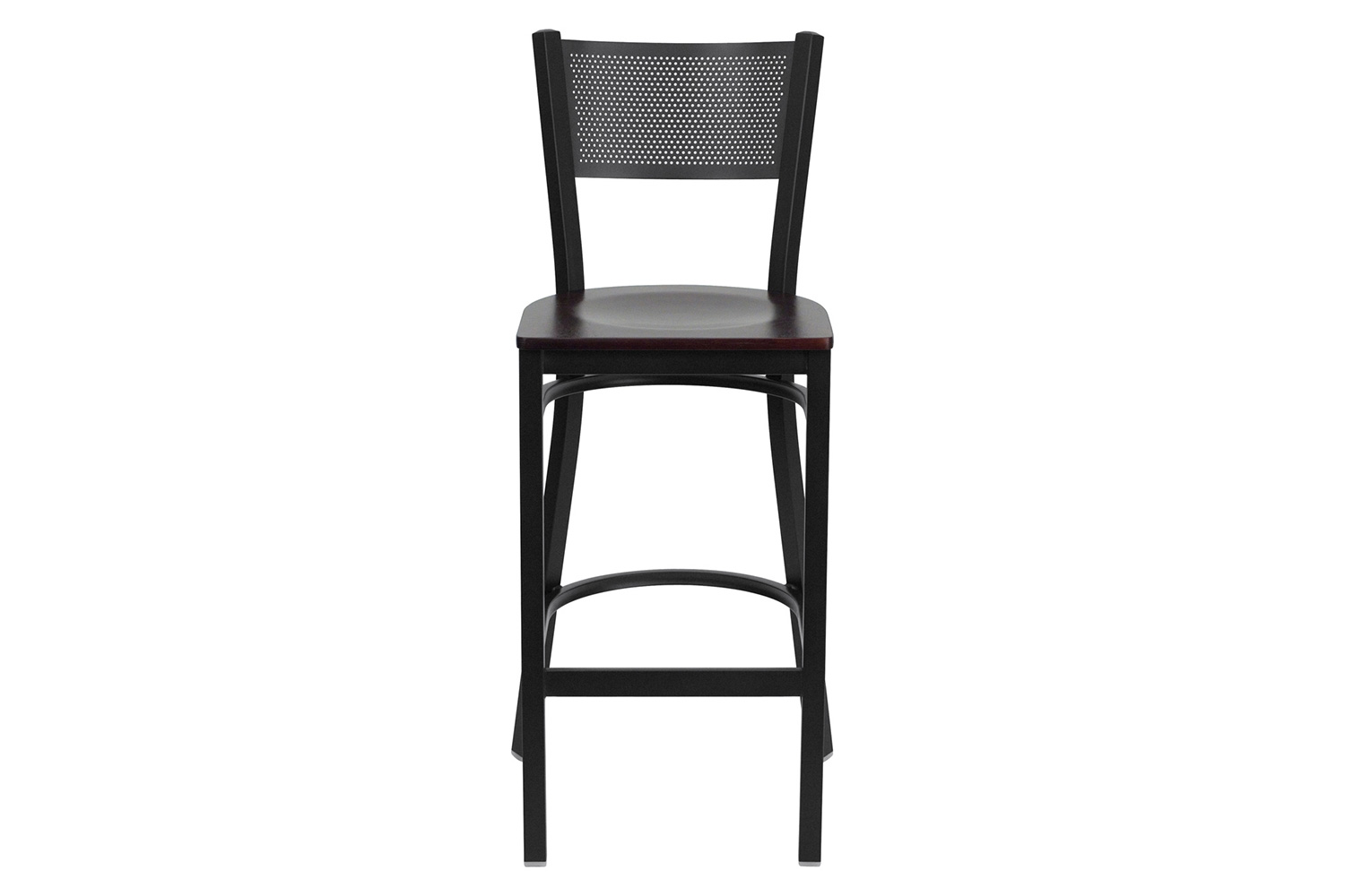 BLNK HERCULES Series Black Metal Grid Back Restaurant Bar Stool with Wood Seat - Mahogany