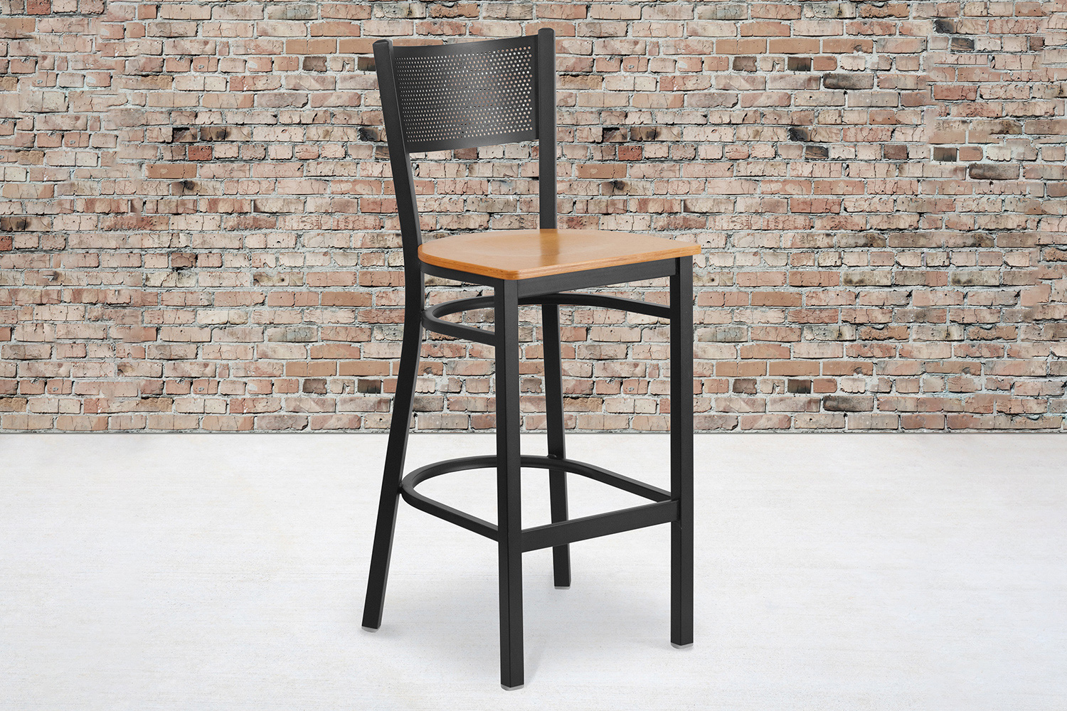 BLNK HERCULES Series Black Metal Grid Back Restaurant Bar Stool with Wood Seat