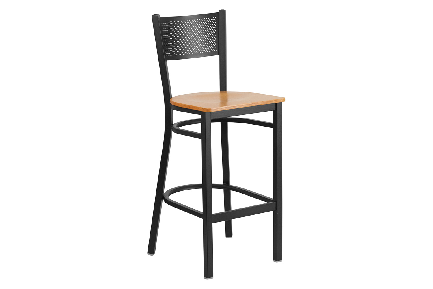 BLNK HERCULES Series Black Metal Grid Back Restaurant Bar Stool with Wood Seat - Natural