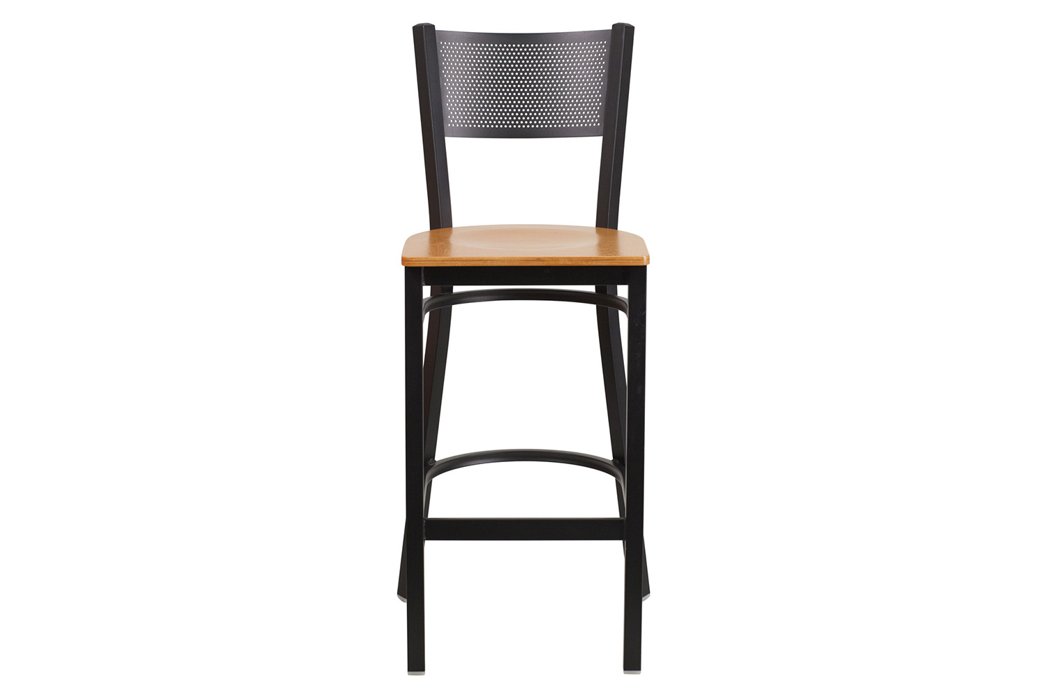 BLNK HERCULES Series Black Metal Grid Back Restaurant Bar Stool with Wood Seat - Natural