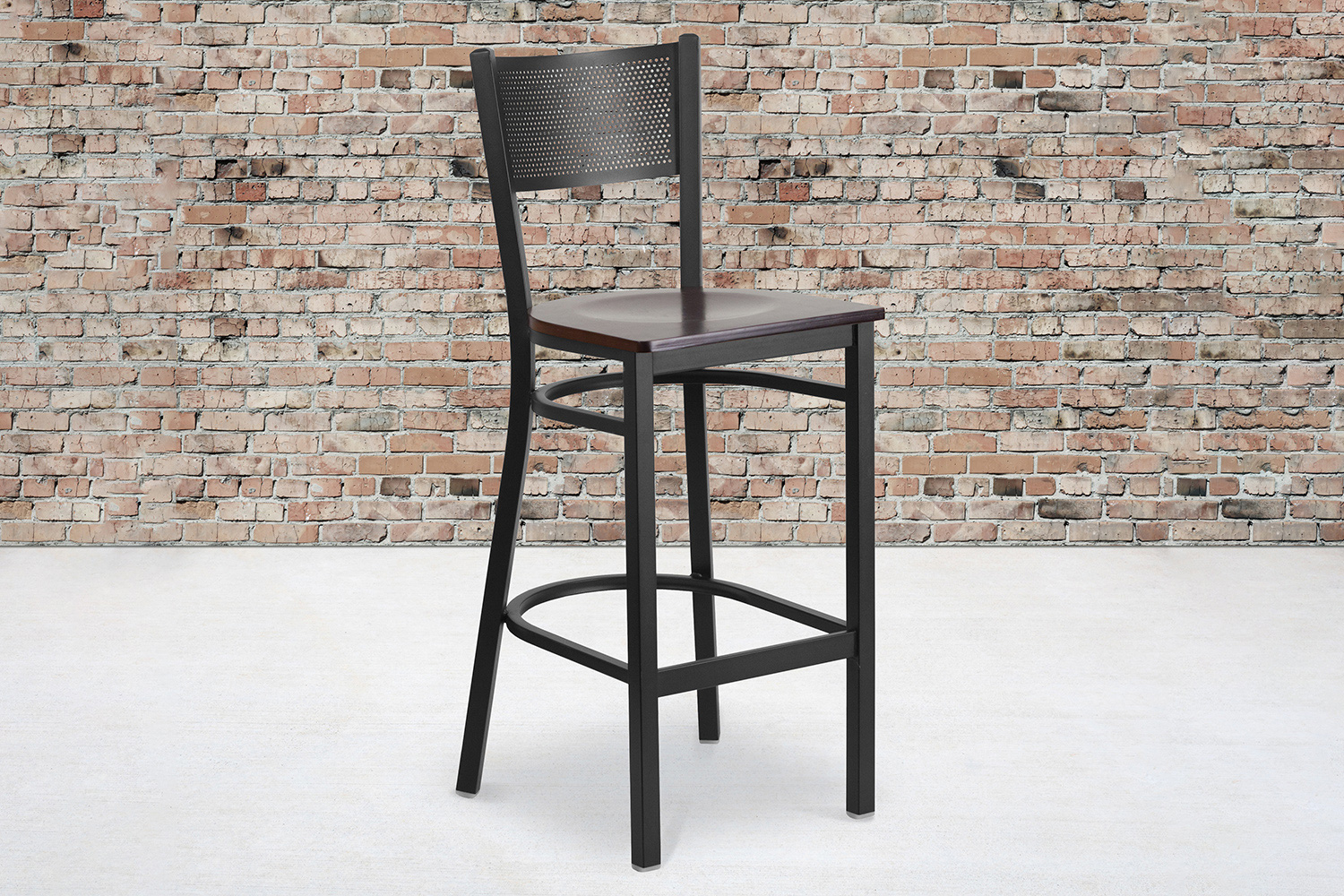 BLNK HERCULES Series Black Metal Grid Back Restaurant Bar Stool with Wood Seat