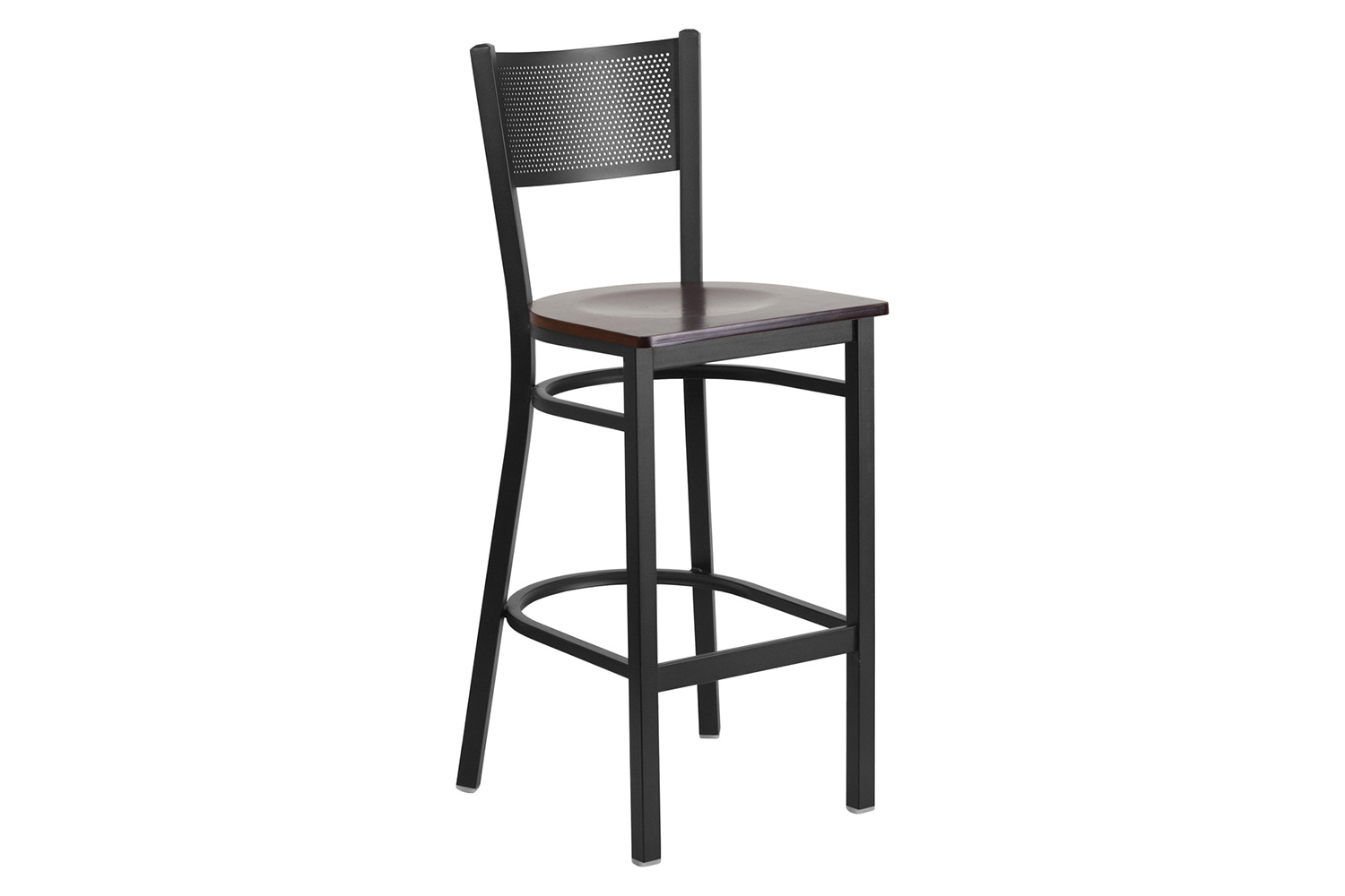 BLNK HERCULES Series Black Metal Grid Back Restaurant Bar Stool with Wood Seat - Walnut