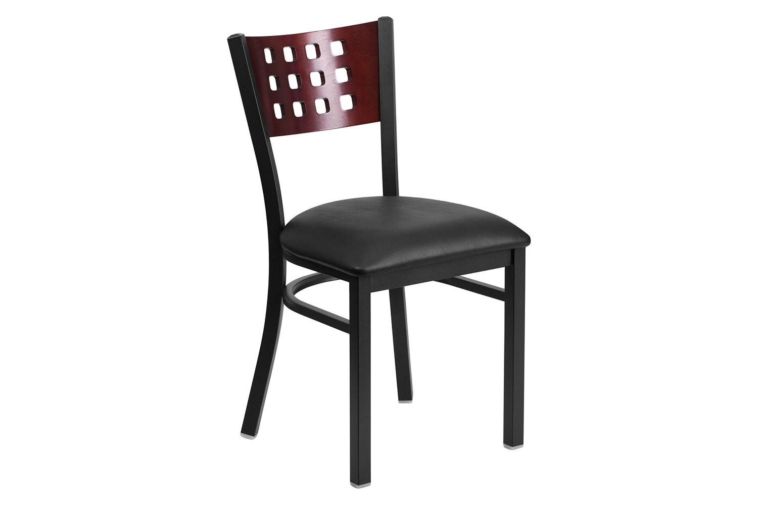 BLNK HERCULES Series Black Metal Cutout Back Restaurant Chair with Mahogany Wood Back and Vinyl Seat