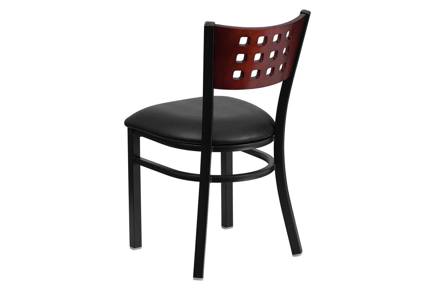 BLNK HERCULES Series Black Metal Cutout Back Restaurant Chair with Mahogany Wood Back and Vinyl Seat - Black